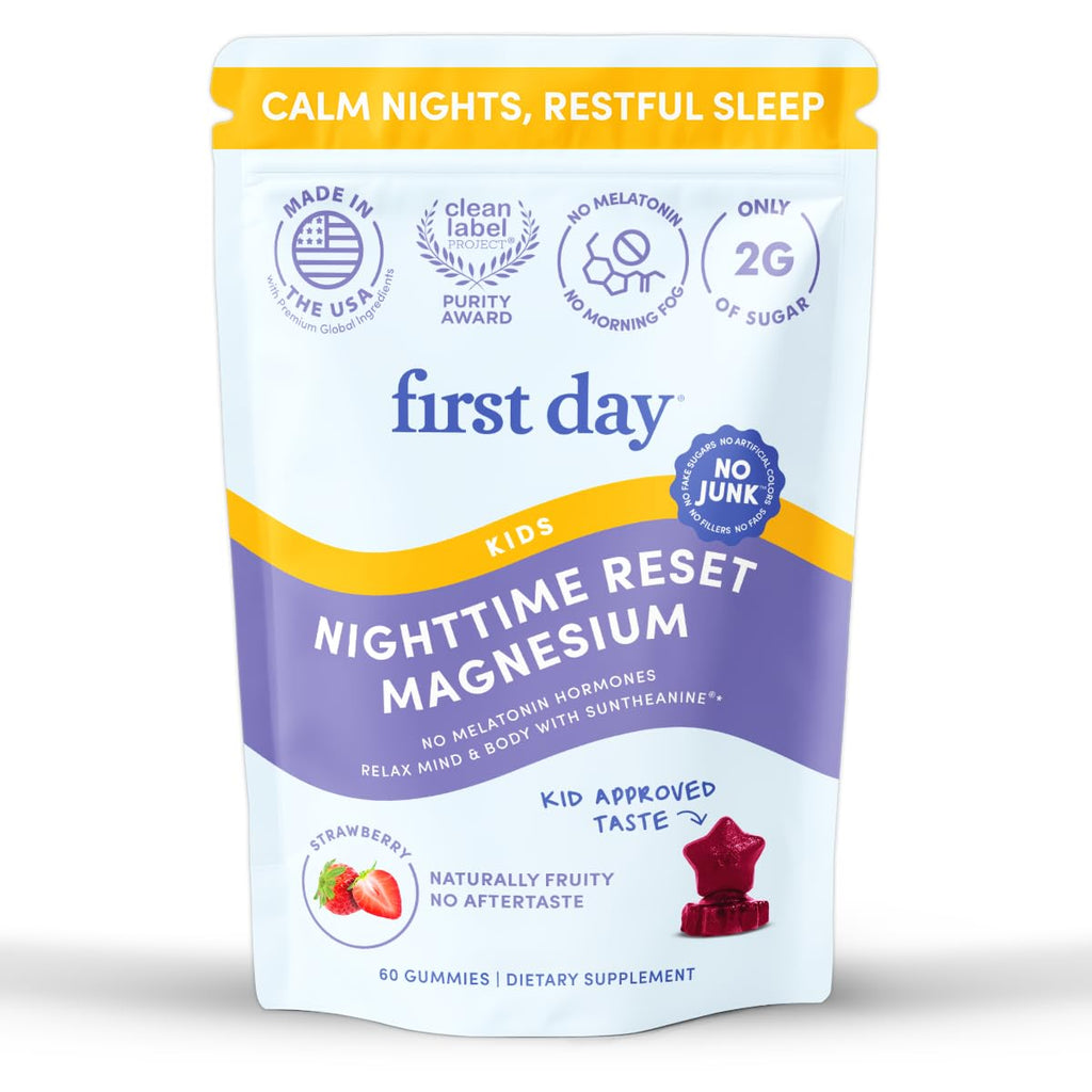 FIRST DAY Kids Magnesium Citrate Gummies (Ages 4+) — No Melatonin, Suntheanine L-Theanine, Strawberry | 30-Day Supply