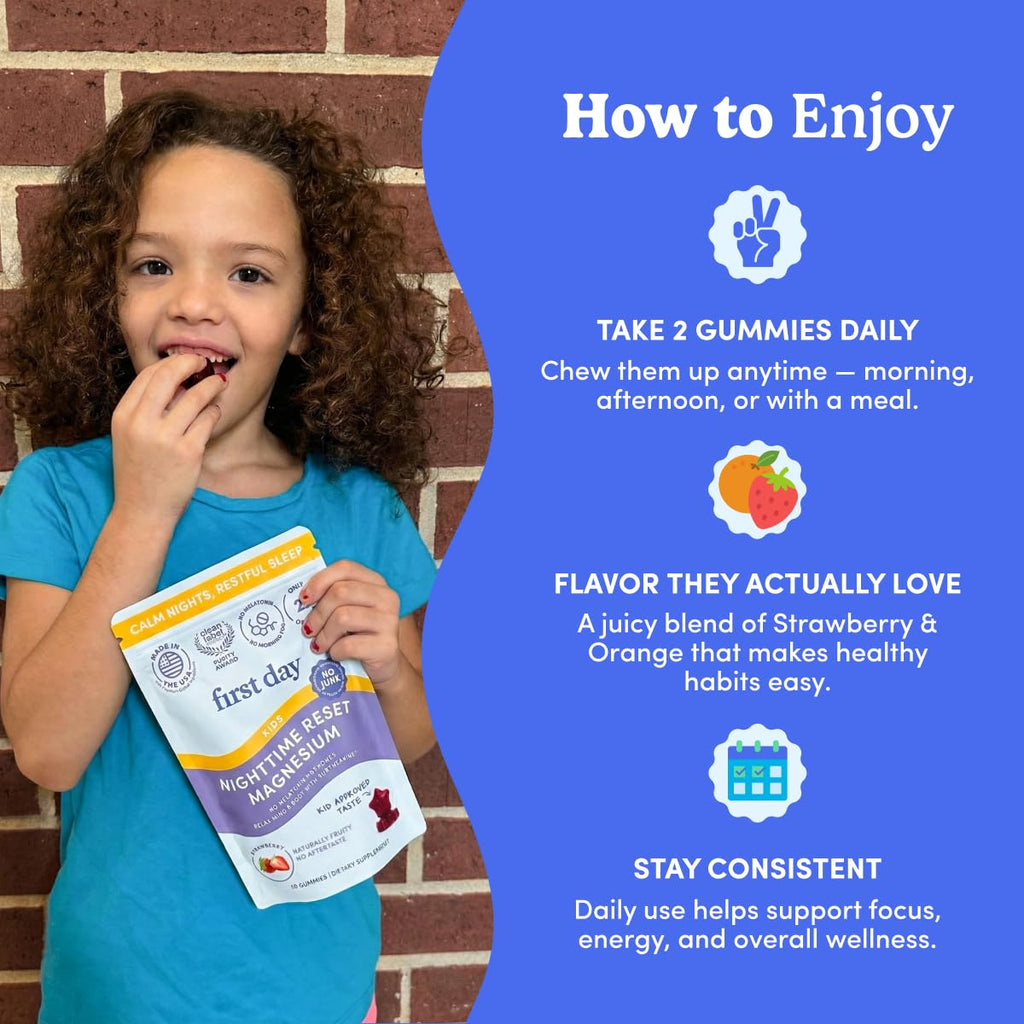 FIRST DAY Magnesium for Kids Gummies – Sleep & Relaxation Support, No Melatonin, Strawberry