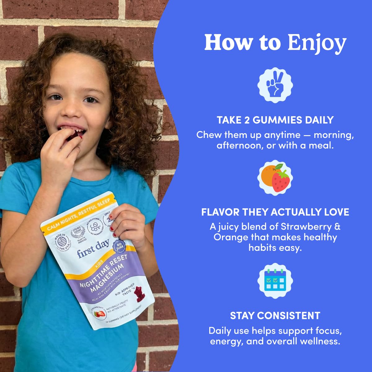 FIRST DAY Magnesium for Kids Gummies – Sleep & Relaxation Support, No Melatonin, Strawberry
