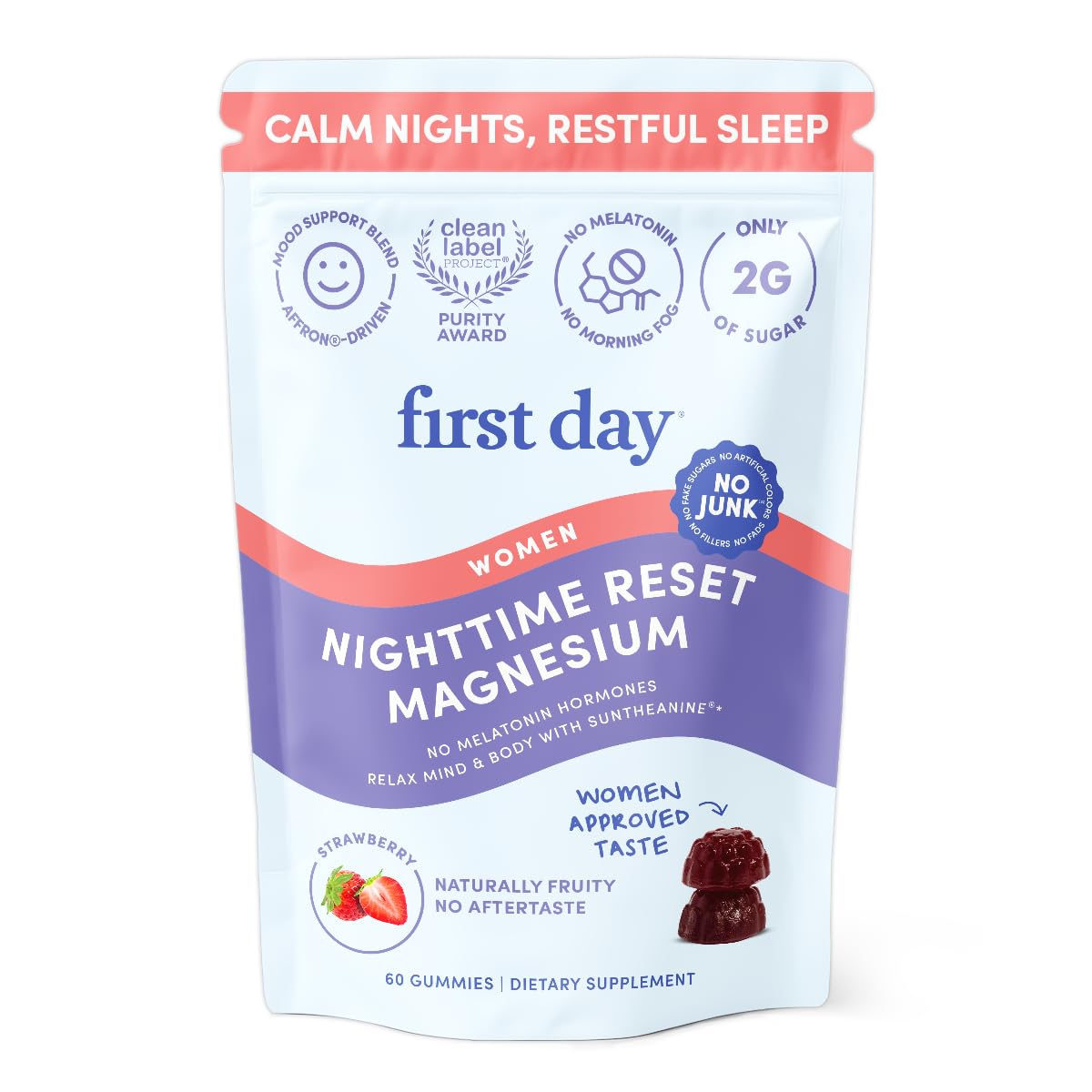 First Day Women’s Nighttime Reset Calming Magnesium Gummies – Sleep Support, Calm Mood & Energy – No Melatonin – 30-Day Supply