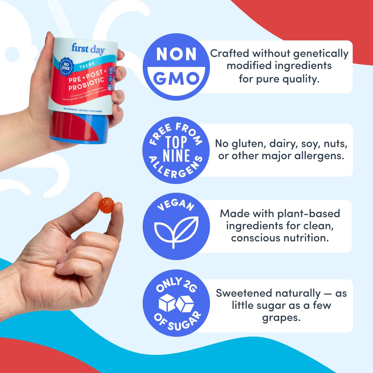 FIRST DAY Teens’ Gut Sustainer Gummies – 3-in-1 Prebiotic, Probiotic & Postbiotic