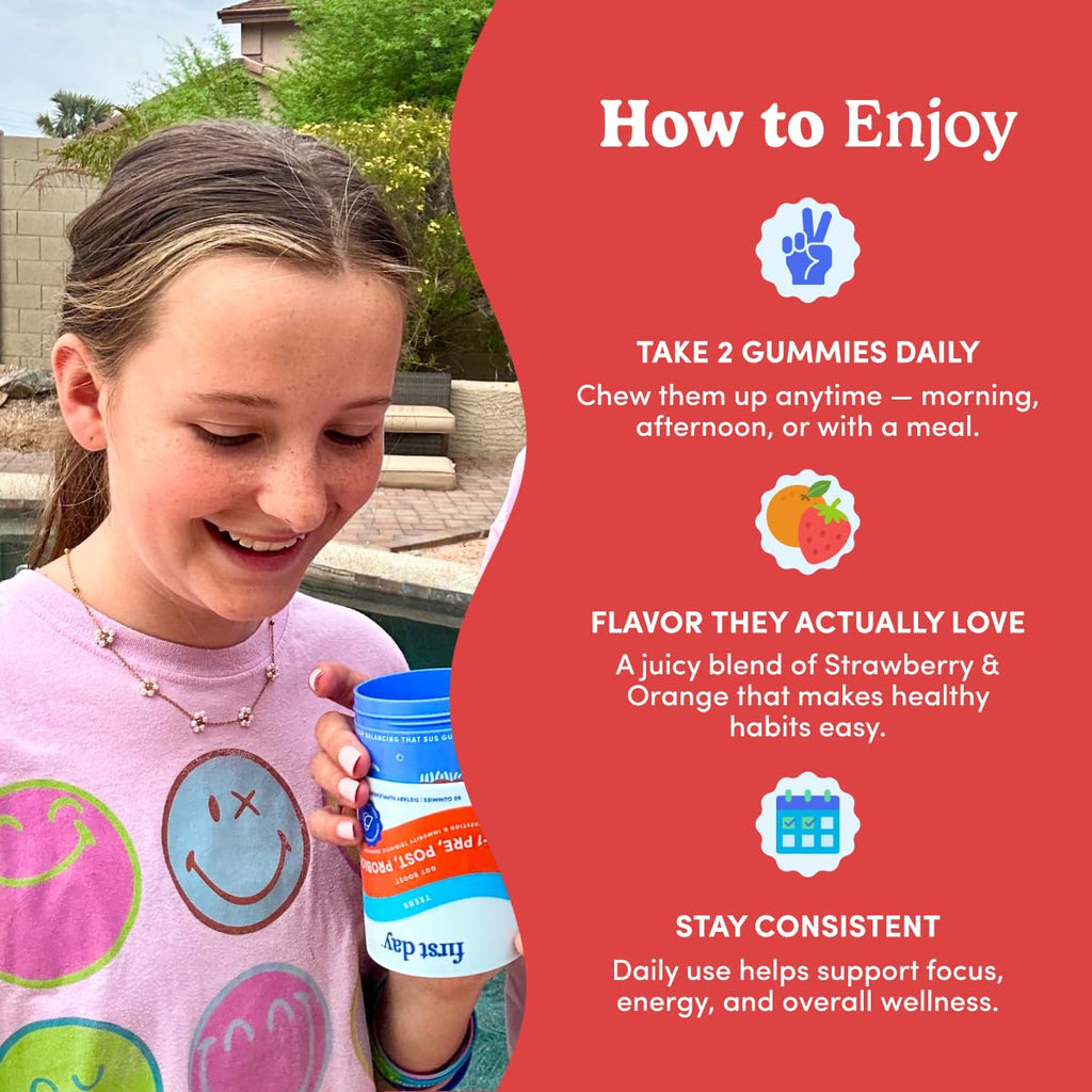 FIRST DAY Teens’ Gut Sustainer Gummies – 3-in-1 Prebiotic, Probiotic & Postbiotic