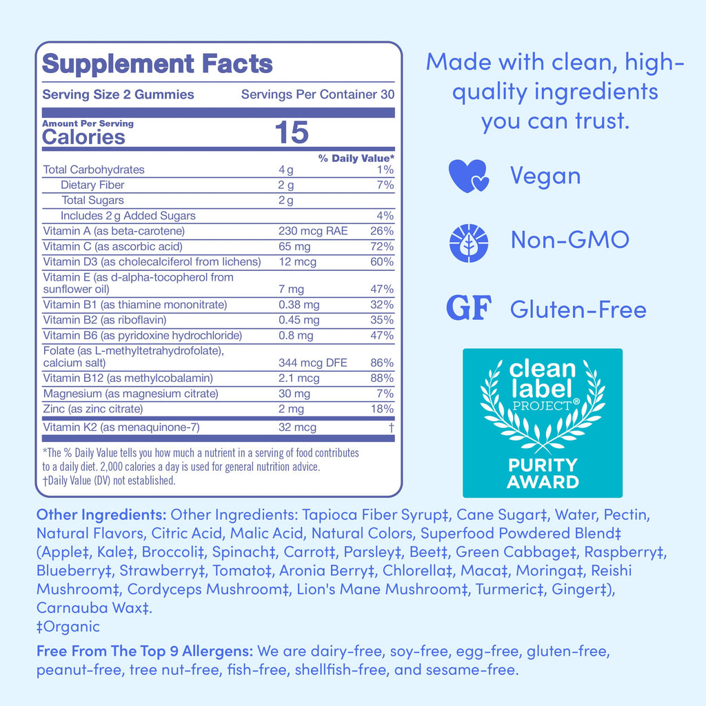 First Day Vitamins for Teens | Teen Multivitamin for Girls & Boys 12-17 | Organic Fruit & Veggie Blend | 60 Day Supply