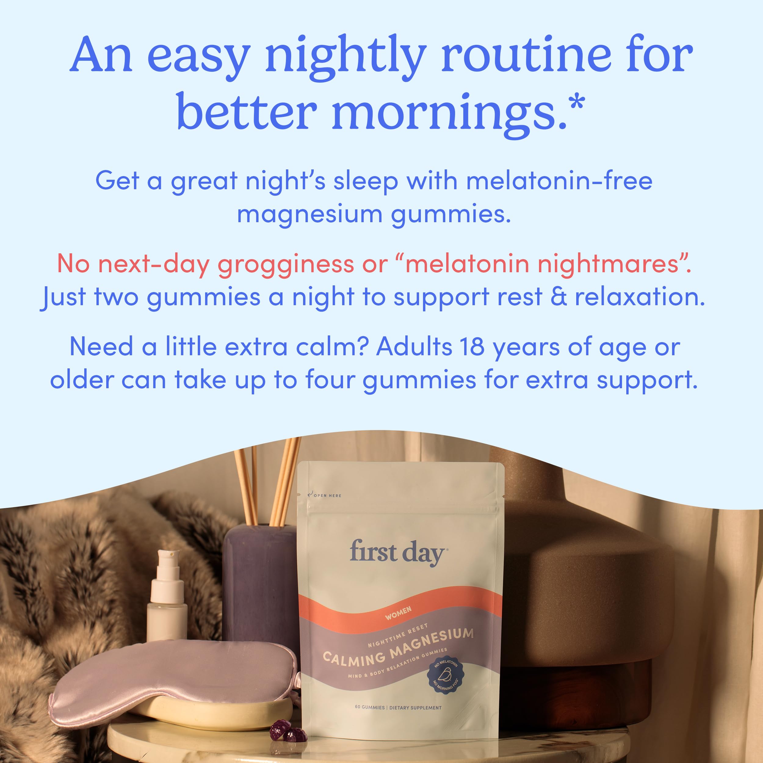 First Day Women's Nighttime Reset Calming Magnesium Gummies – Sleep Support, Calm Mood & Energy, No Melatonin – 60-Day Supply