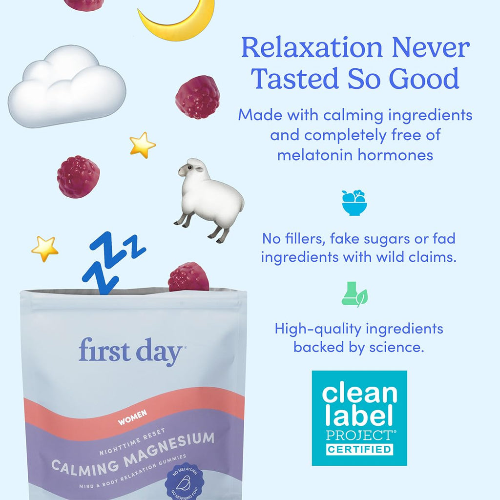 First Day Women's Nighttime Reset Calming Magnesium Gummies – Sleep Support, Calm Mood & Energy, No Melatonin – 60-Day Supply