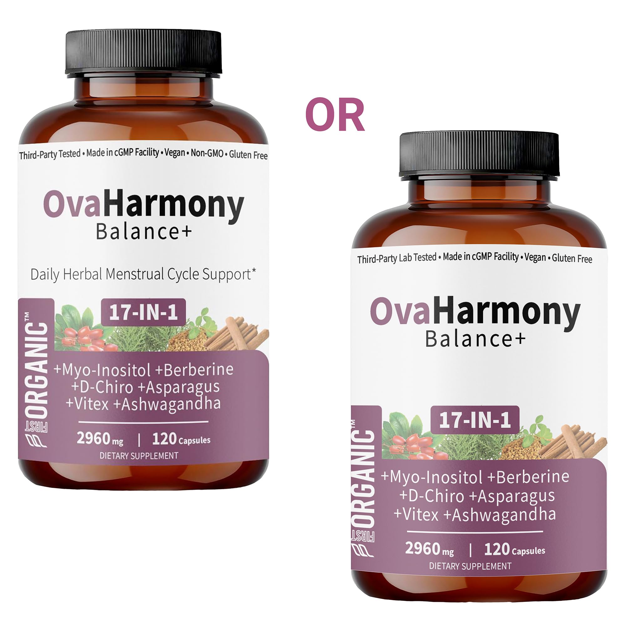 FIRSTORGANIC OvaHarmony Balance+ | 2960mg - 17-in-1 | Herbal PCOD/PCOS & Menstural Cycle Support | Feminine Everyday Wellness Formula | Third-Party Tested, Vegan, Non-GMO, Gluten Free | 120 Capsules