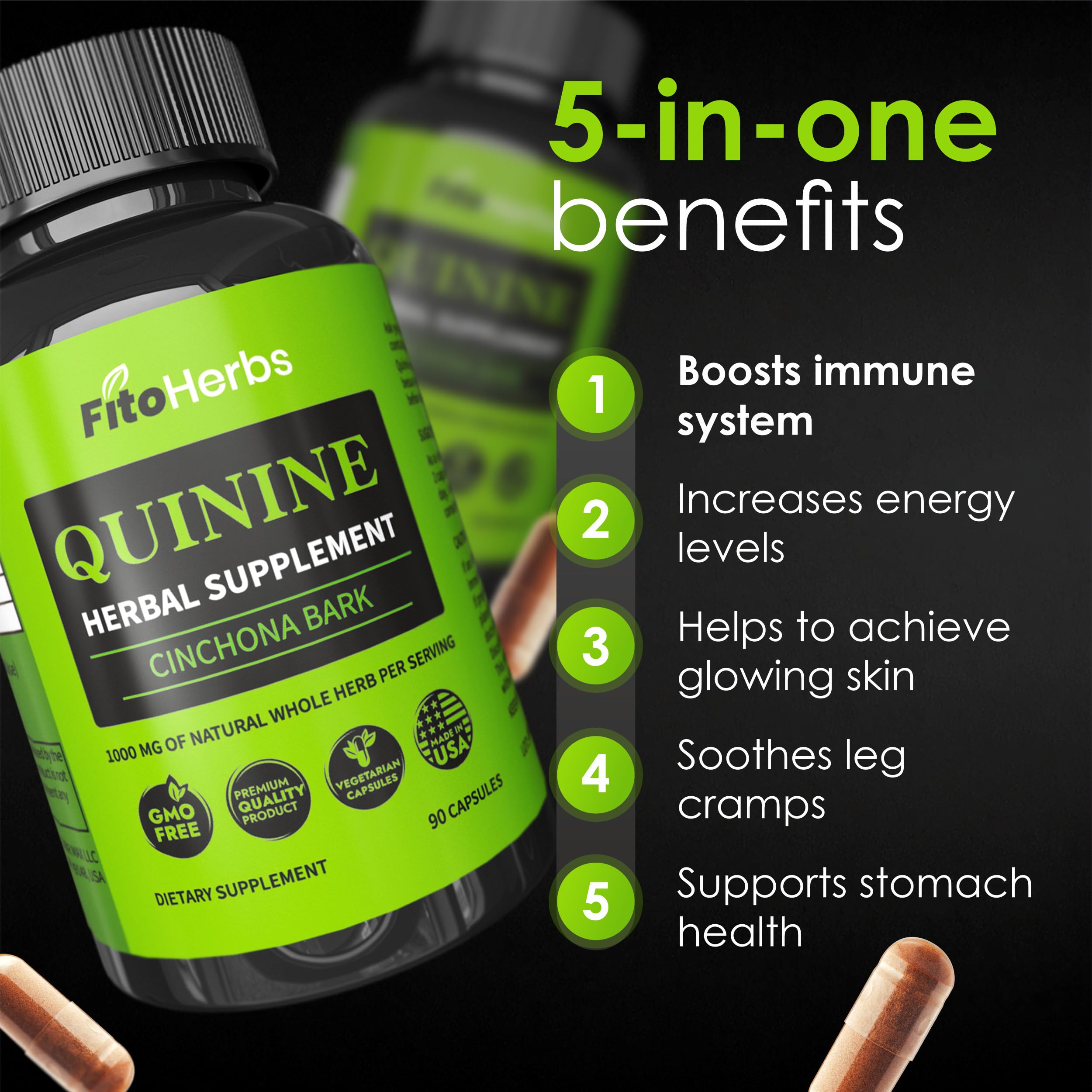 FitoHerbs Quinine Herbal Supplement - Cinchona Bark 1000mg Veg Capsules (90) | Leg Cramps, Immune & Digestive Support