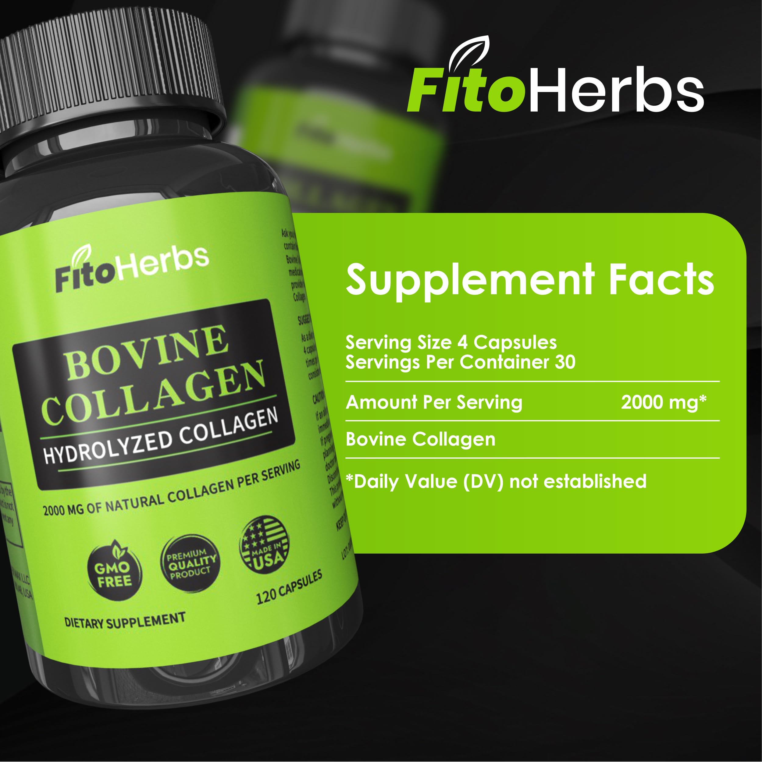 FitoHerbs Vegan Bovine Collagen Capsules – 2000 mg per Serving, Grass-Fed & Non-GMO, 120 Capsules