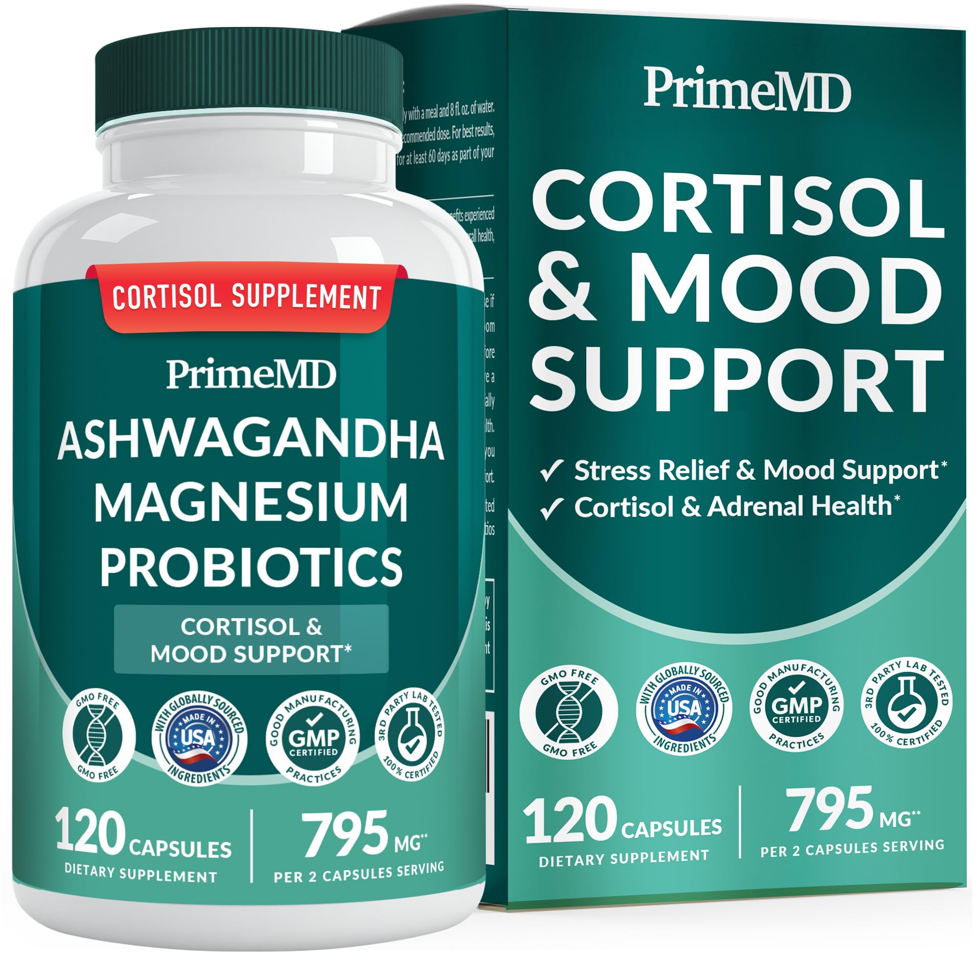 5-in-1 Cortisol Support for Women & Men – Ashwagandha, Magnesium Glycinate, Shilajit, Probiotics (120 ct)