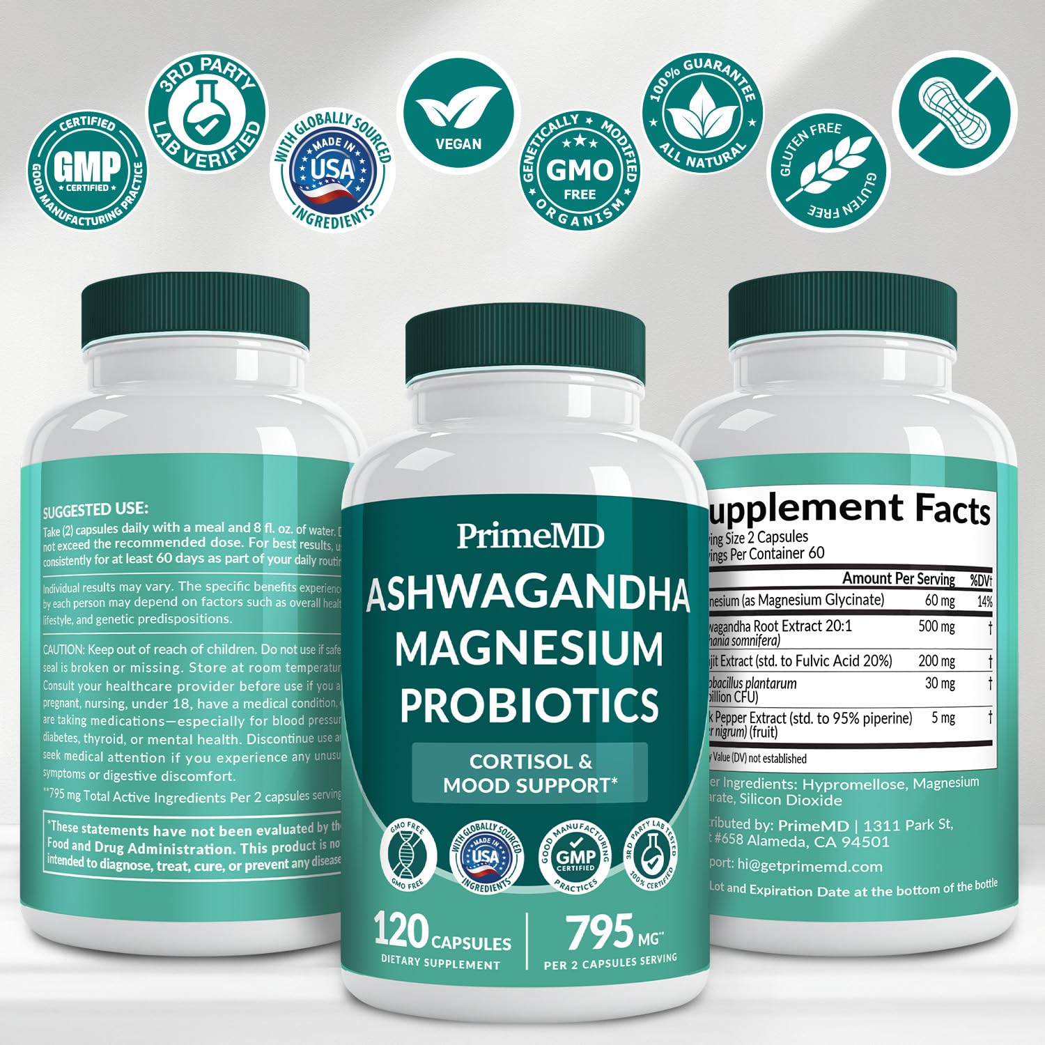 5-in-1 Cortisol Support for Women & Men – Ashwagandha, Magnesium Glycinate, Shilajit, Probiotics (120 ct)