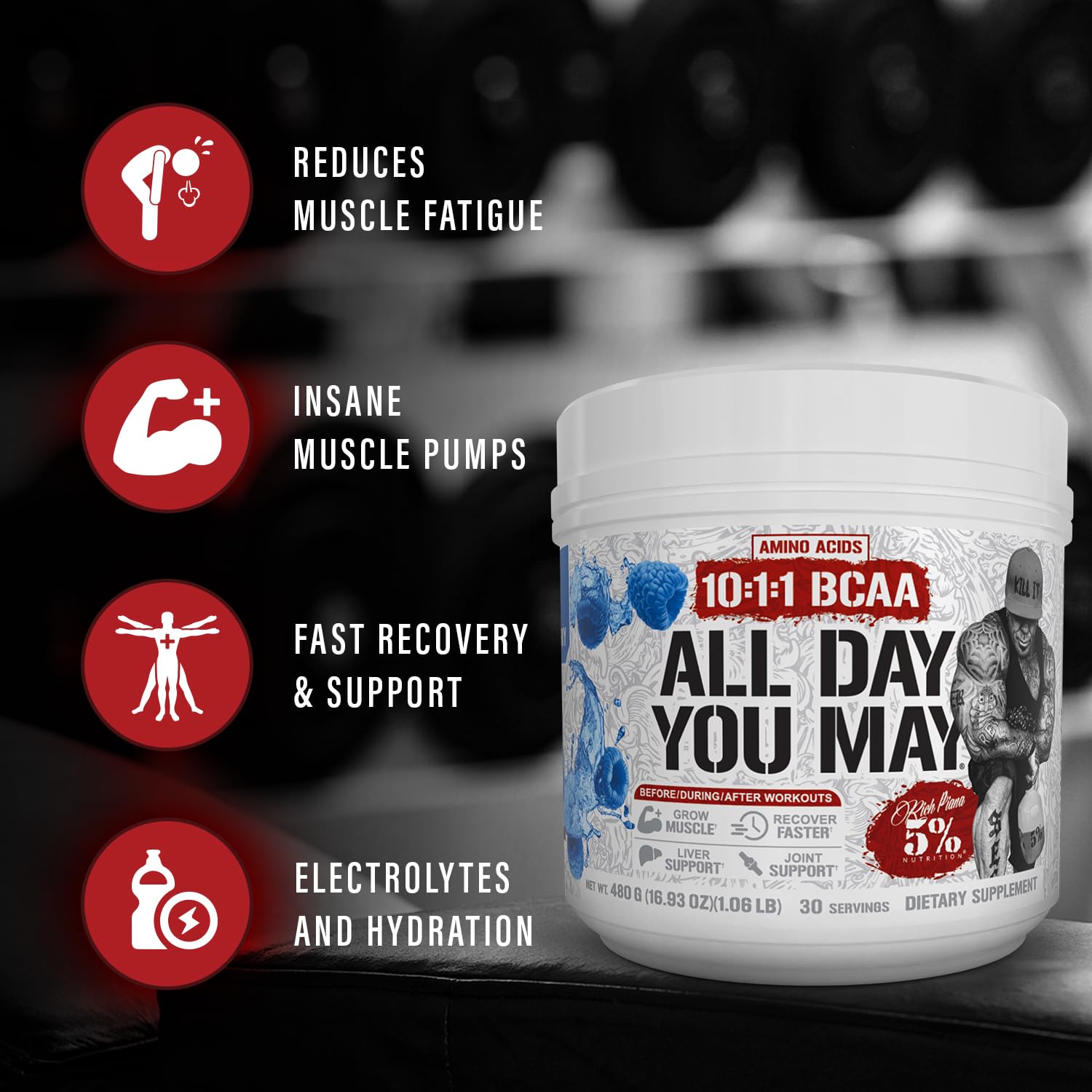 5% Nutrition Rich Piana AllDayYouMay BCAA Powder – Premium Intra & Post Workout Aminos, Mango Pineapple (16.93 oz, 30 Servings)