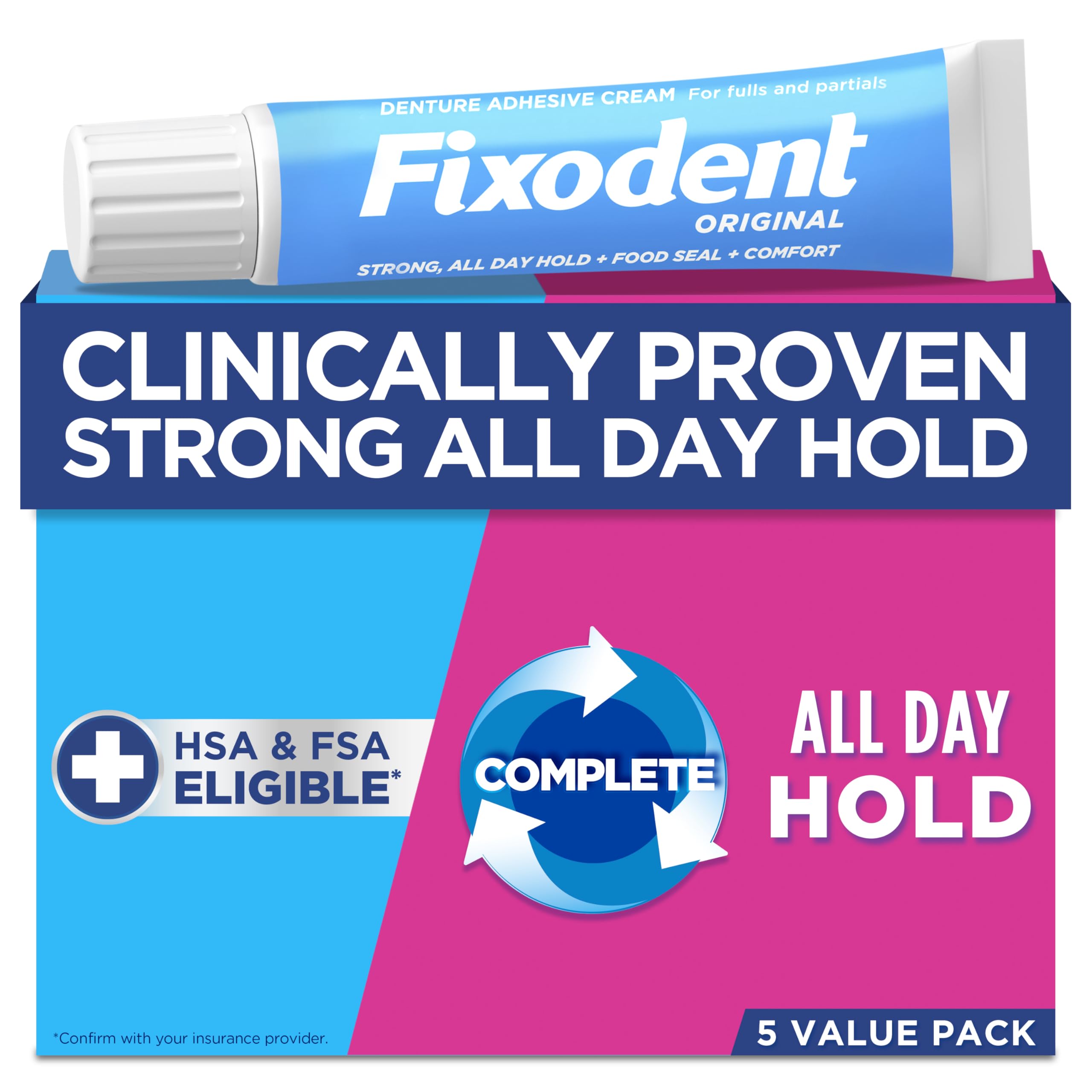 Fixodent Original Secure Denture Adhesive Cream – 2.4oz Tubes (Pack of 5) for Full & Partial Dentures