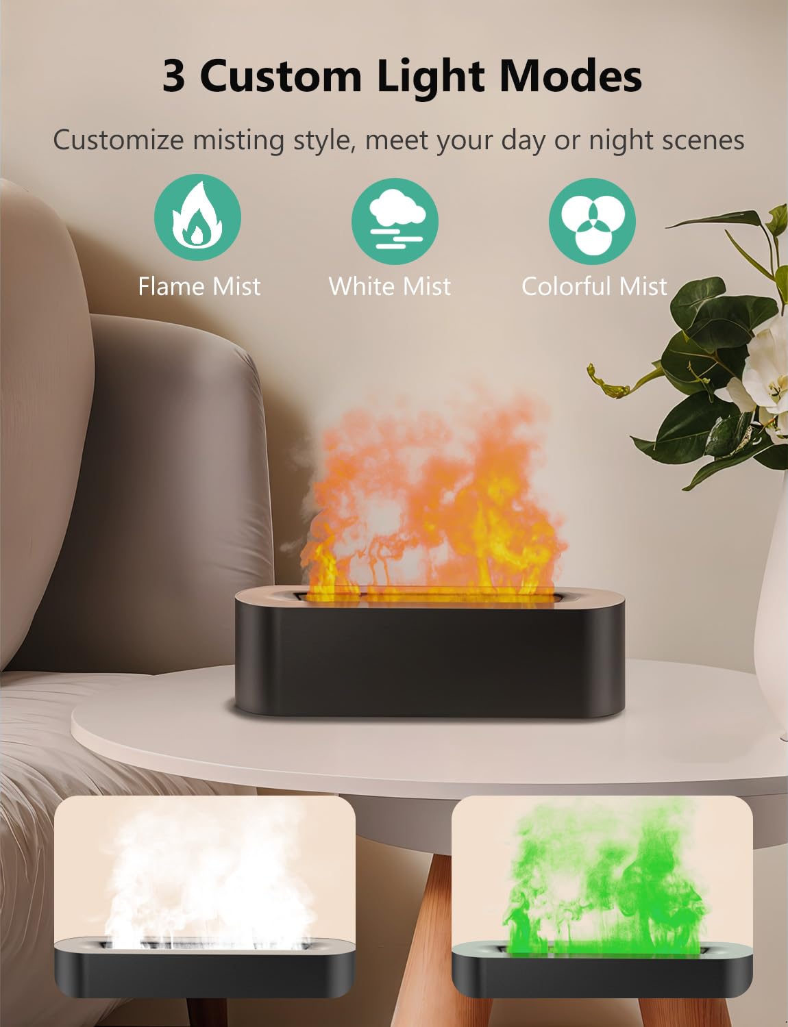 Flame Air Diffuser, Humidifier & Essential Oil Diffuser - 7 Colors, 180mL, 8h, Noiseless, Auto-Off - Black
