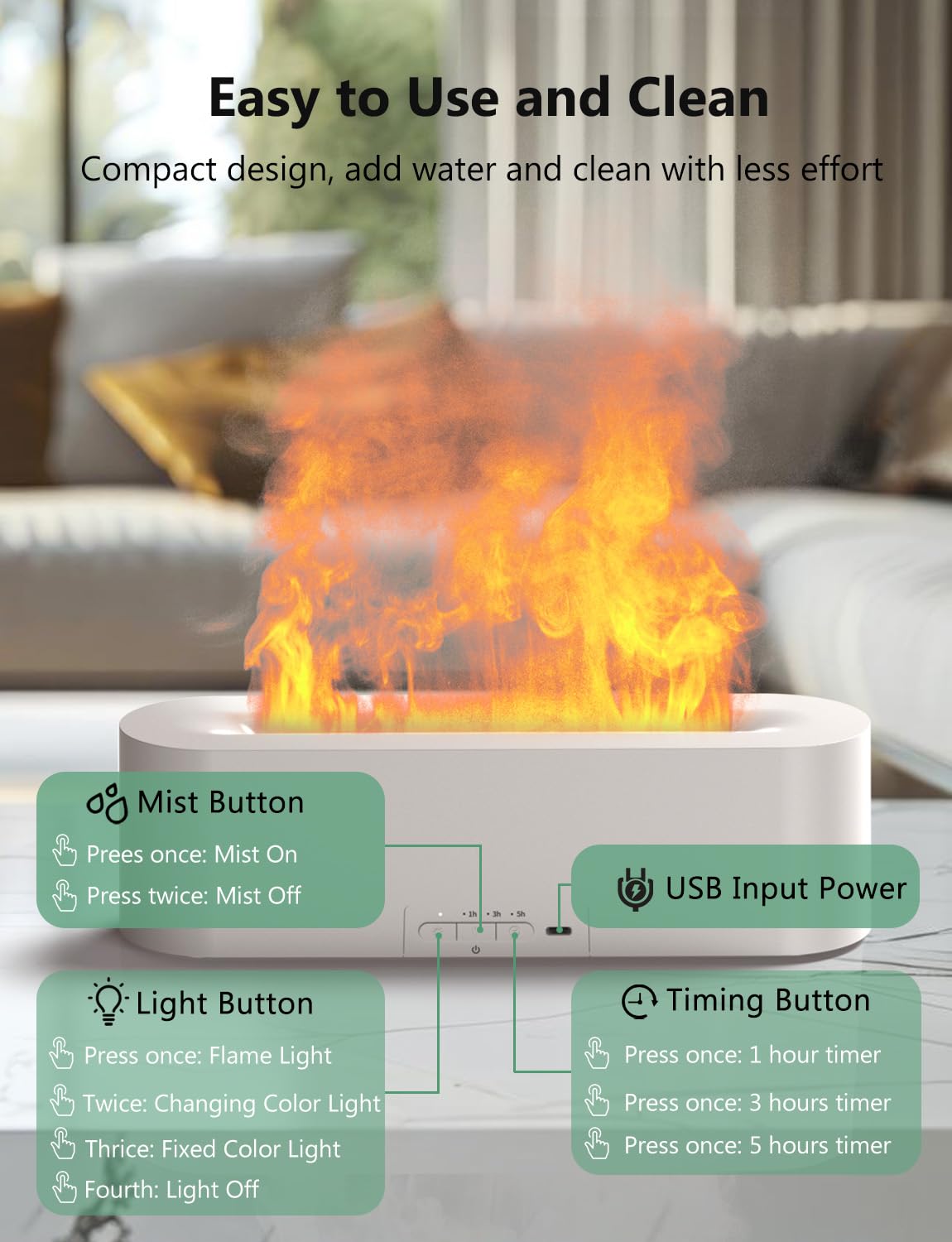 Flame Air Diffuser, Humidifier & Essential Oil Diffuser - 7 Colors, 180mL, 8h, Noiseless, Auto-Off - Black