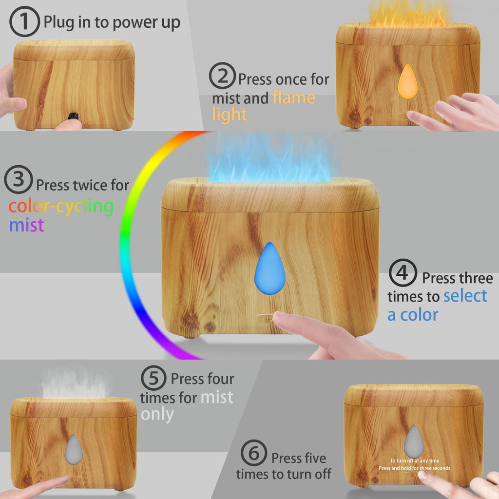 Flame Diffuser for Essential Oils – 200ml Ultrasonic Aroma Diffuser with Auto-Off, Wooden Grain (7 Colors) | Peppermint, Lavender, Tea Tree, Lemon