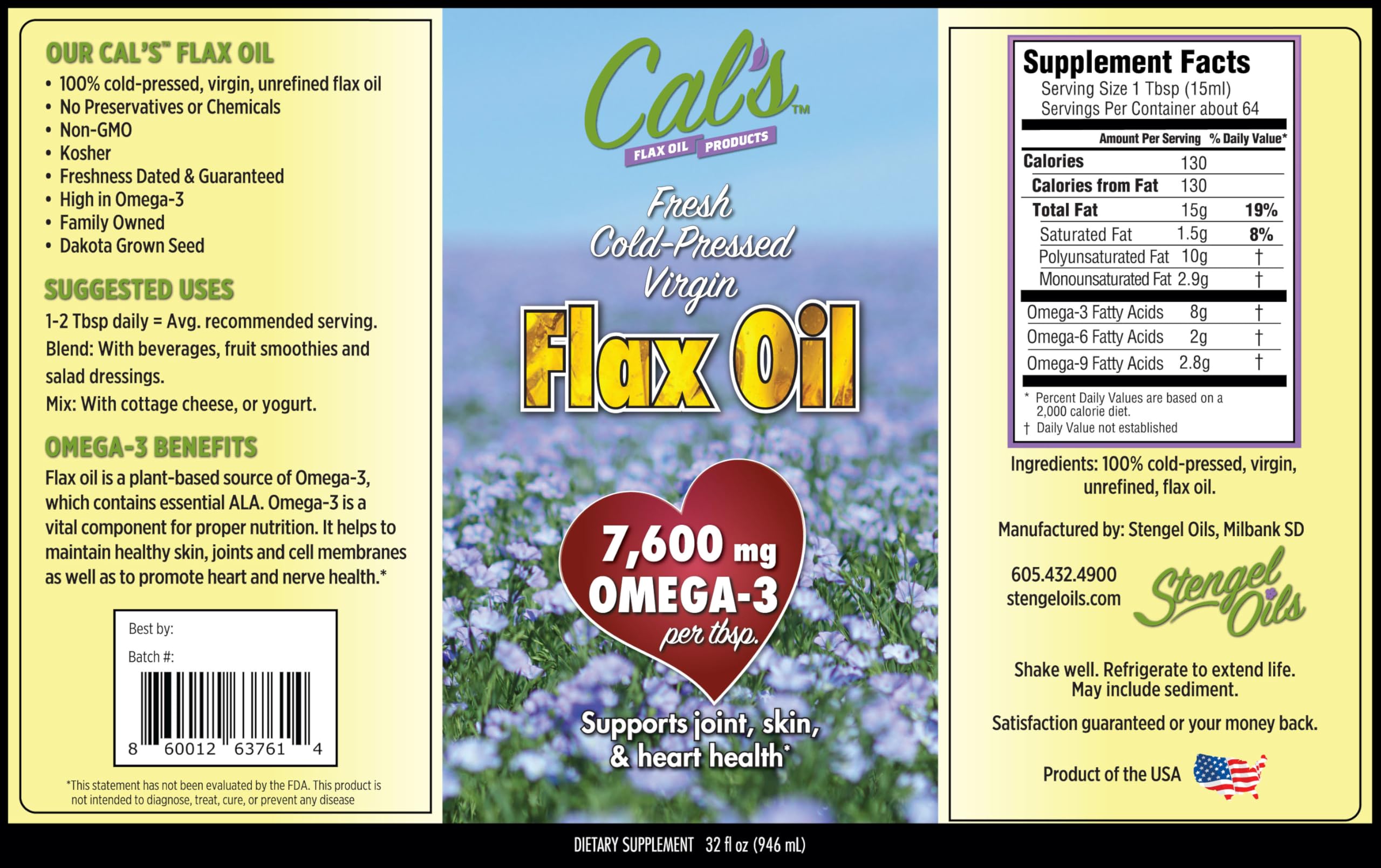 Cal's Flax Oil - Cold Pressed Flaxseed Oil, Omega-3, 32 oz