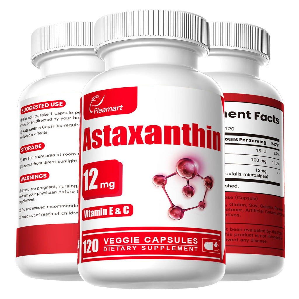 Fleamart Astaxanthin 12mg with Vitamin E & C – 120 Capsules (Vegan, Gluten Free, Non-GMO)