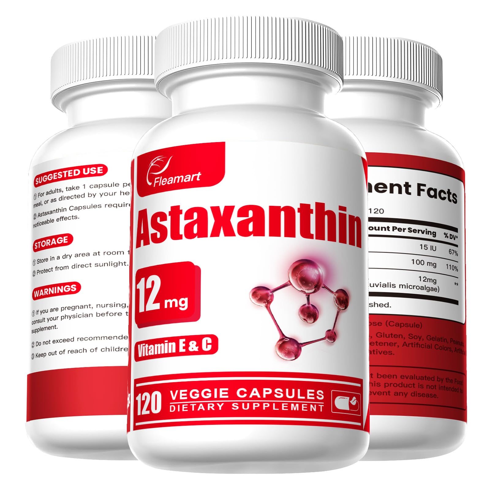 Fleamart Astaxanthin 12mg with Vitamin E & C – 120 Capsules (Vegan, Gluten Free, Non-GMO)