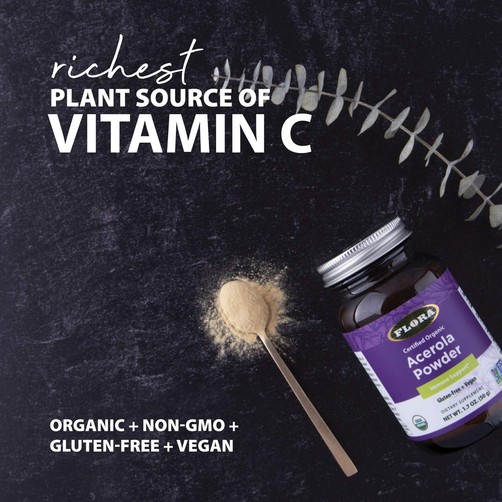 Flora Acerola Powder – Daily Immune Booster with Vitamin C | Gluten Free & Vegan, 1.7 oz Glass Bottle
