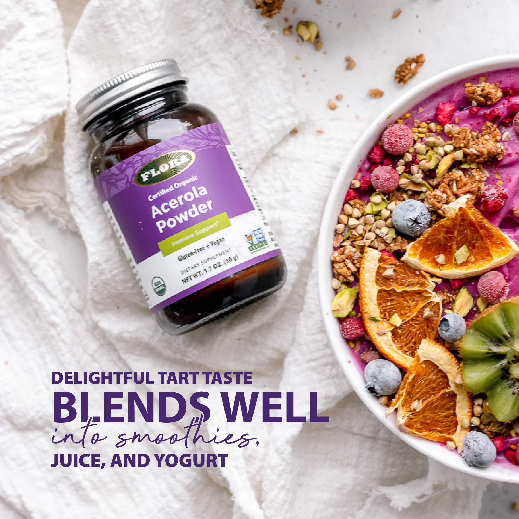 Flora Acerola Powder – Daily Immune Booster with Vitamin C | Gluten Free & Vegan, 1.7 oz Glass Bottle
