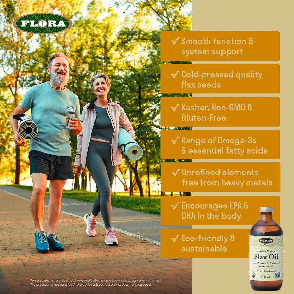 Flora Flax Oil – Cold-Pressed, Organic, Non-GMO, 32 oz Amber Bottle