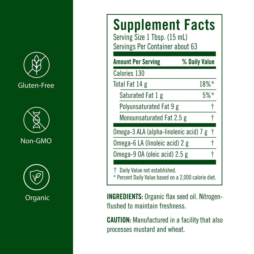 Flora Flax Oil – Cold-Pressed, Organic, Non-GMO, 32 oz Amber Bottle