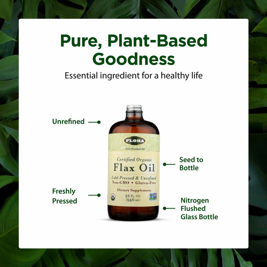 Flora Flax Oil – Cold-Pressed, Organic, Non-GMO, 32 oz Amber Bottle