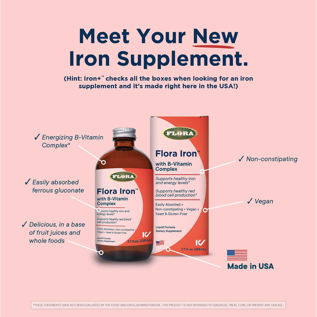 Flora Iron - Vegan Liquid Iron with B Vitamins | Red Blood Cell & Energy Support | Yeast-Free & Gluten-Free | 15 fl. oz. Glass Bottle