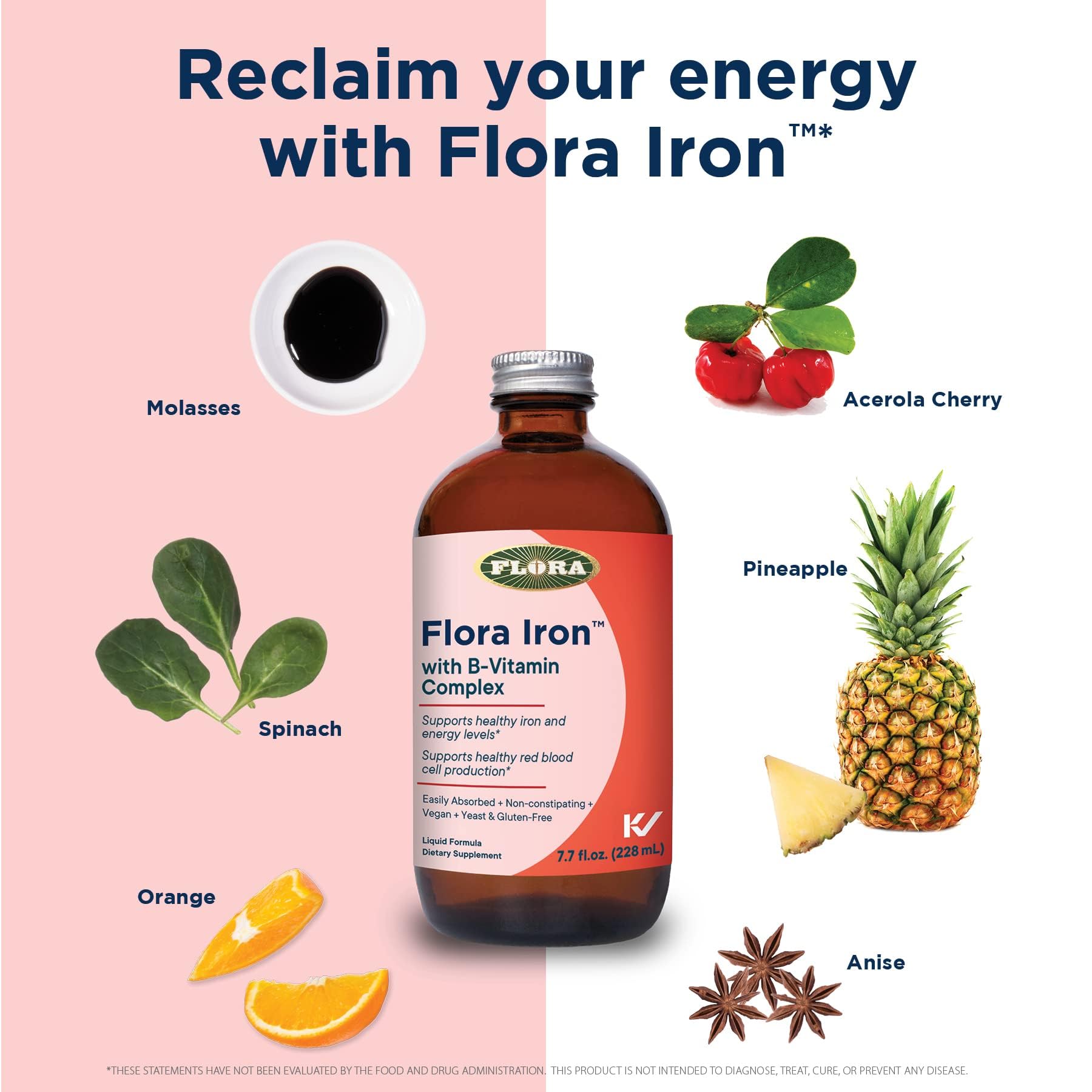 Flora Iron – Vegan Liquid Iron with B Vitamins for Energy & Red Blood Cell Support (7.7 fl oz)