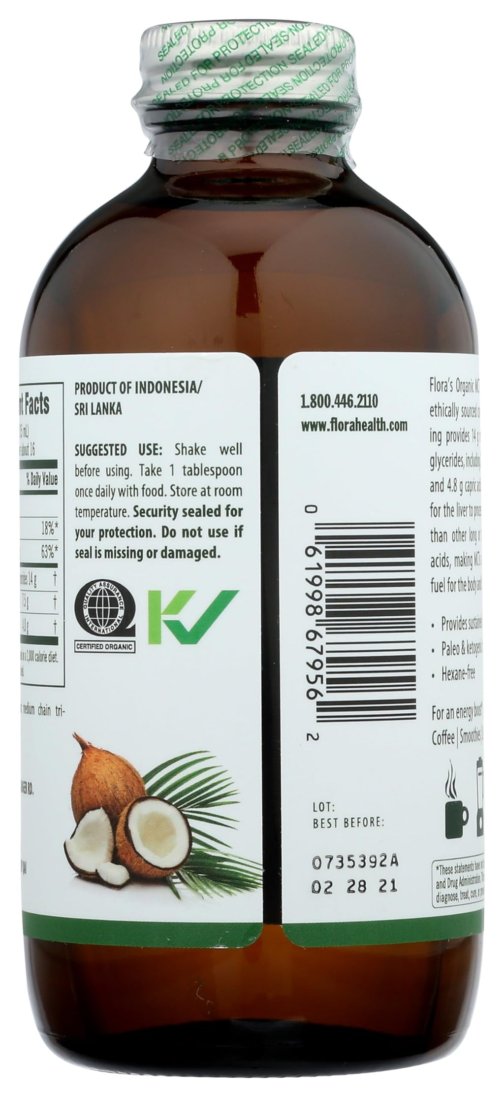 Flora MCT Oil Certified Organic – Brain Health & Muscle Energy | C8/C10 | 8.5 oz Glass Bottle