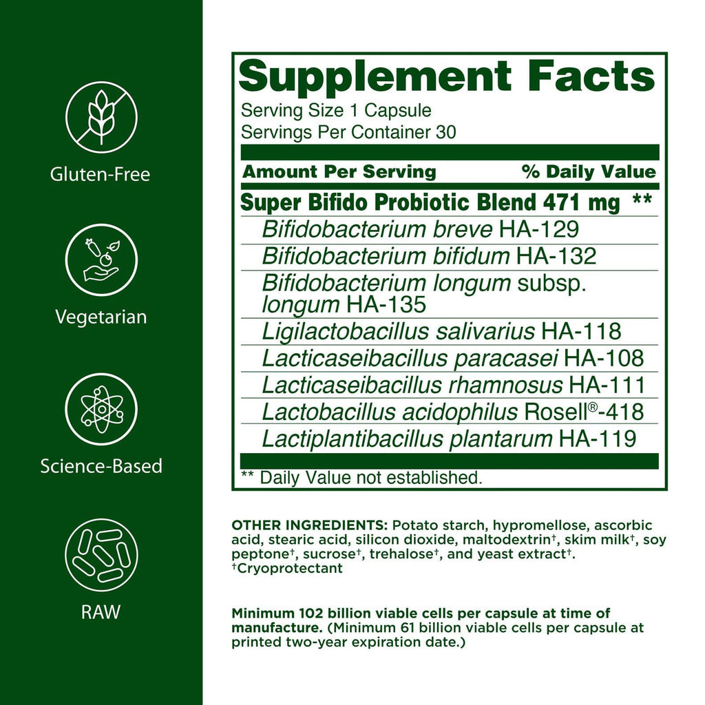 Flora Super Bifido Plus 102 Billion CFU | Raw Probiotics for Digestive Balance - 30 Veg Capsules