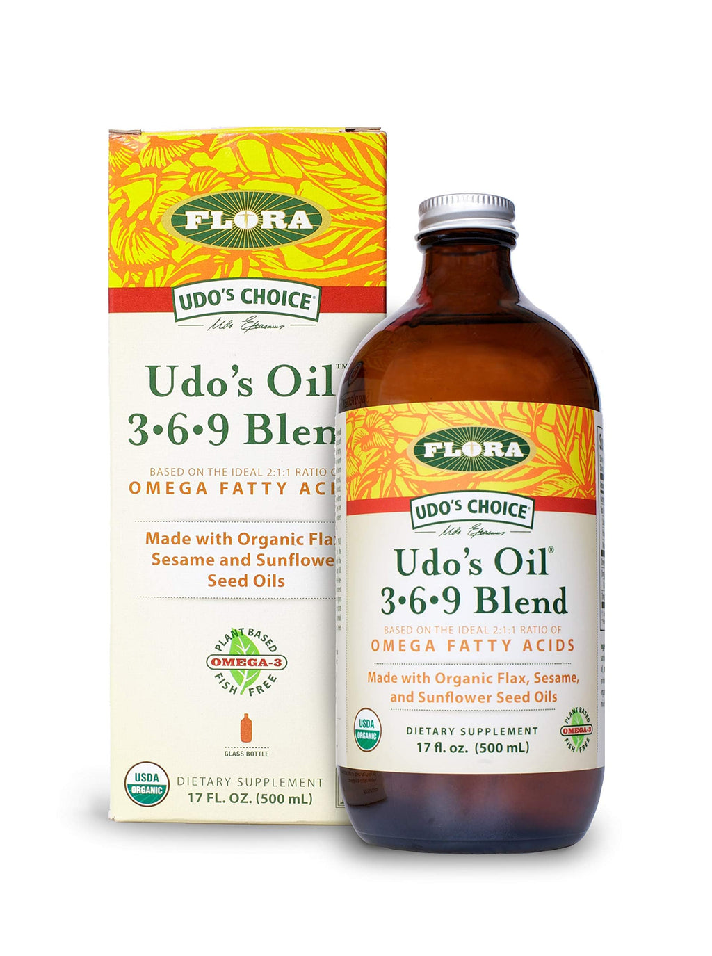 Flora Udo's Oil 3-6-9 Blend - Vegan Omega-3 & Omega-6 Oil - Contains Organic Coconut Oil, Flax Seed Oil & More - Keep Chilled - 17 fl. oz.