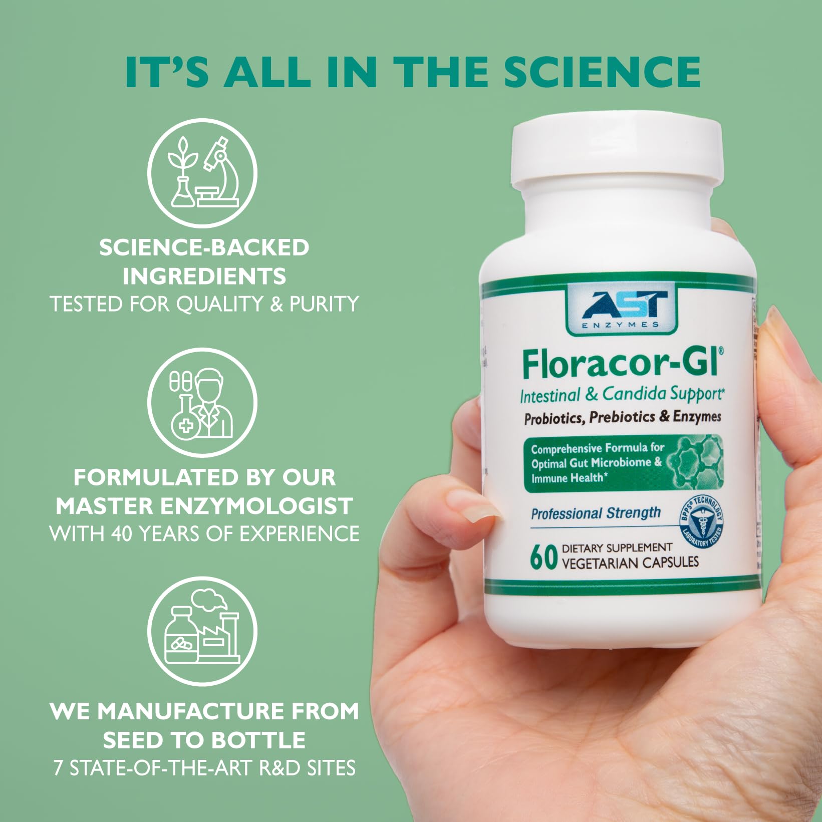 Floracor-GI Probiotics & Enzymes for Digestive Health – 180 Vegetarian Capsules