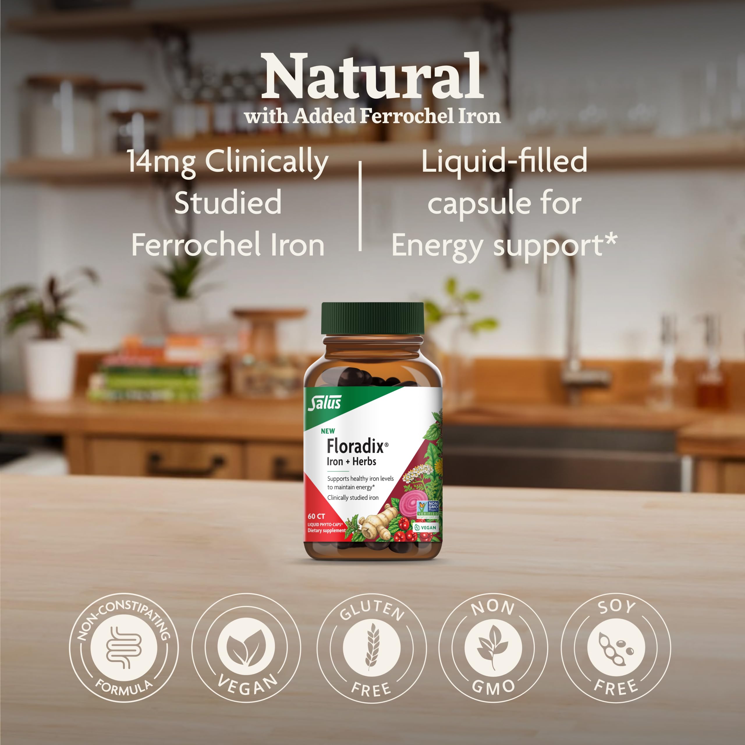 Floradix Iron + Herbs - Vegan Liquid Iron Supplement for Energy Support (60 Phyto-Caps) - Non-GMO, Gluten-Free, Soy-Free