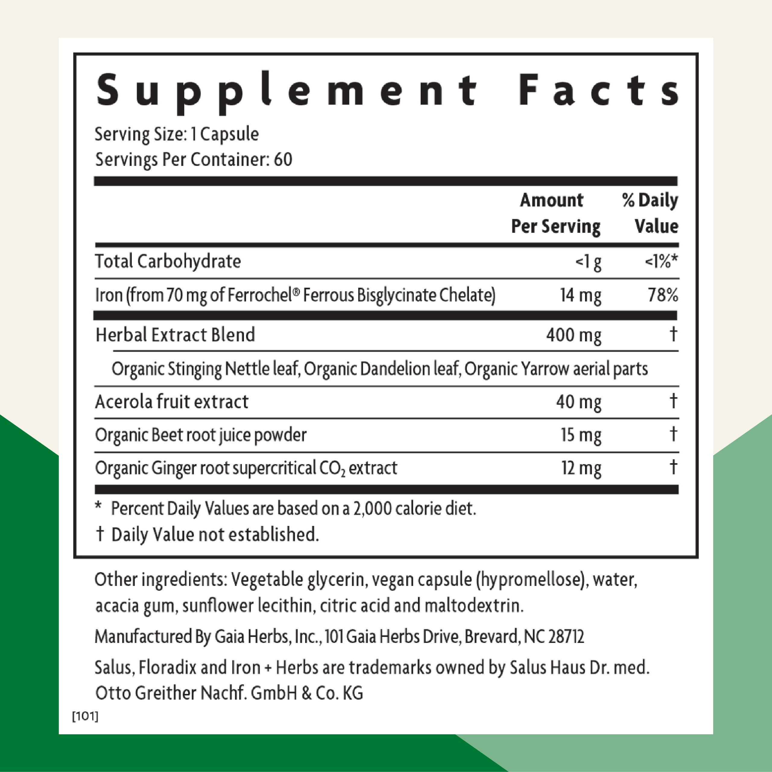 Floradix Iron + Herbs - Vegan Liquid Iron Supplement for Energy Support (60 Phyto-Caps) - Non-GMO, Gluten-Free, Soy-Free