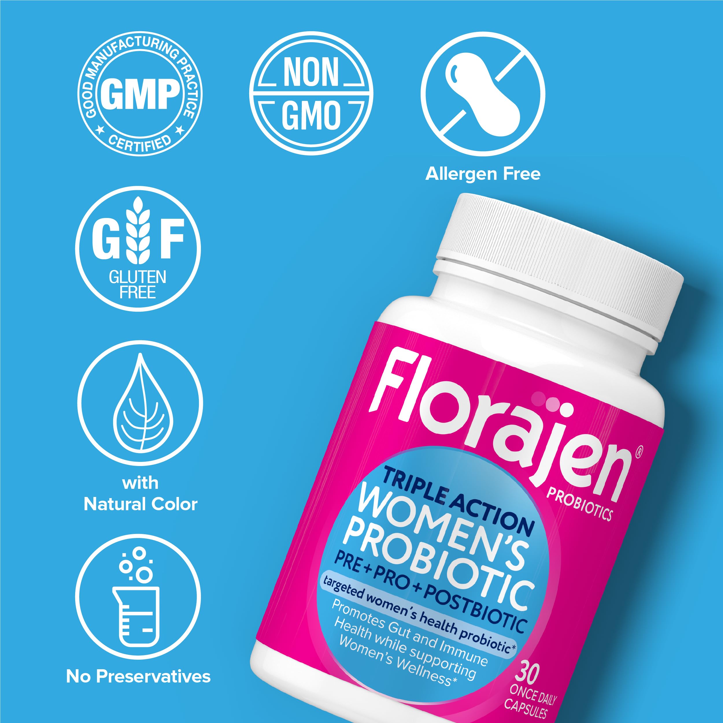 Florajen Women's Complete 3-in-1 Prebiotic Probiotic Postbiotic – Fast Digestive & Immune Support (Gluten-Free, Vegan, Non-GMO) – 30-Count