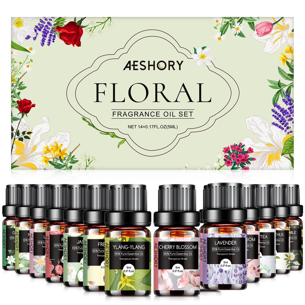 Floral Essential Oils Set - 14 Pcs for Diffusers, Aromatherapy & Candle Making | Lavender, Rose, Jasmine