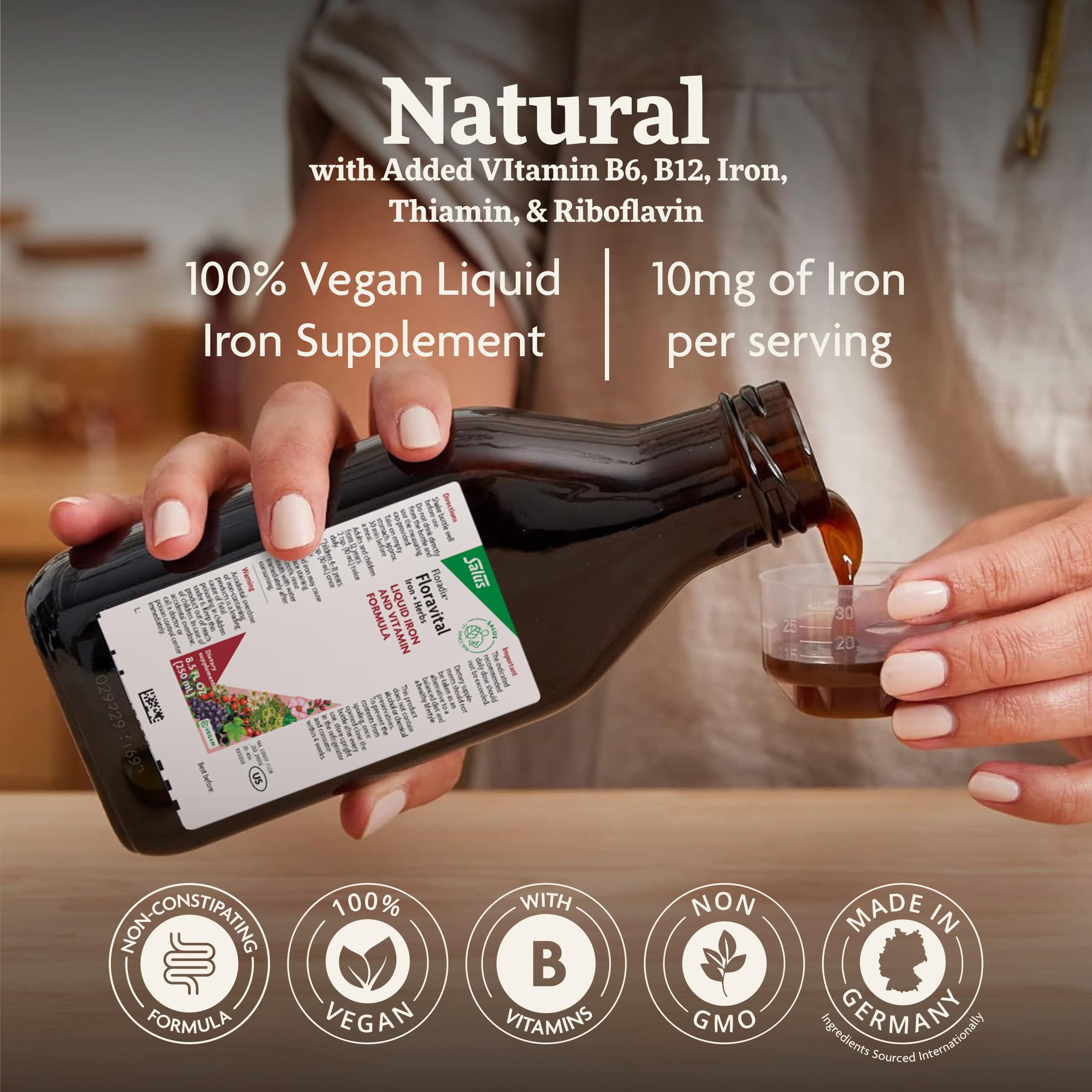 Floradix Floravital Liquid Iron & Vitamin Formula – Vegan Liquid Iron Supplement with C & B Vitamins, Herbs – Gluten-Free, Non-GMO – 8.5 fl oz