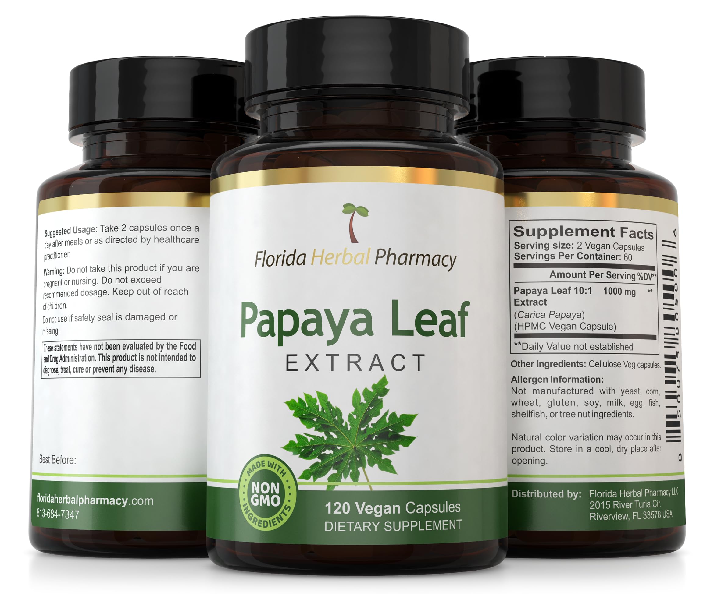 Florida Herbal Pharmacy Papaya Leaf Extract Capsules 10:1 – 120 Count