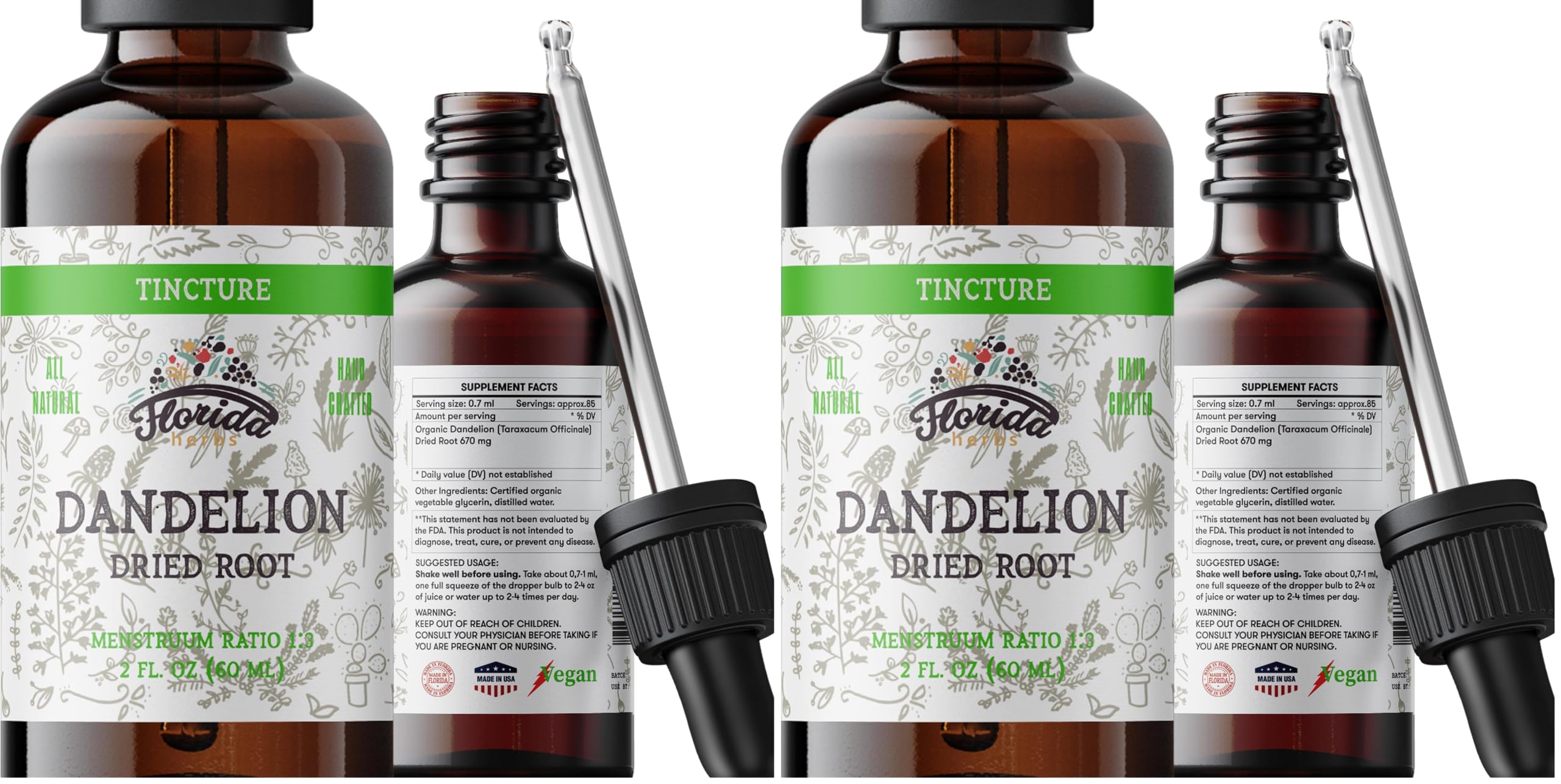 Florida Herbs Dandelion Root Tincture Organic - Non-GMO, Cold-Pressed Glycerin, 2 oz, 685 mg (Pack of 2)