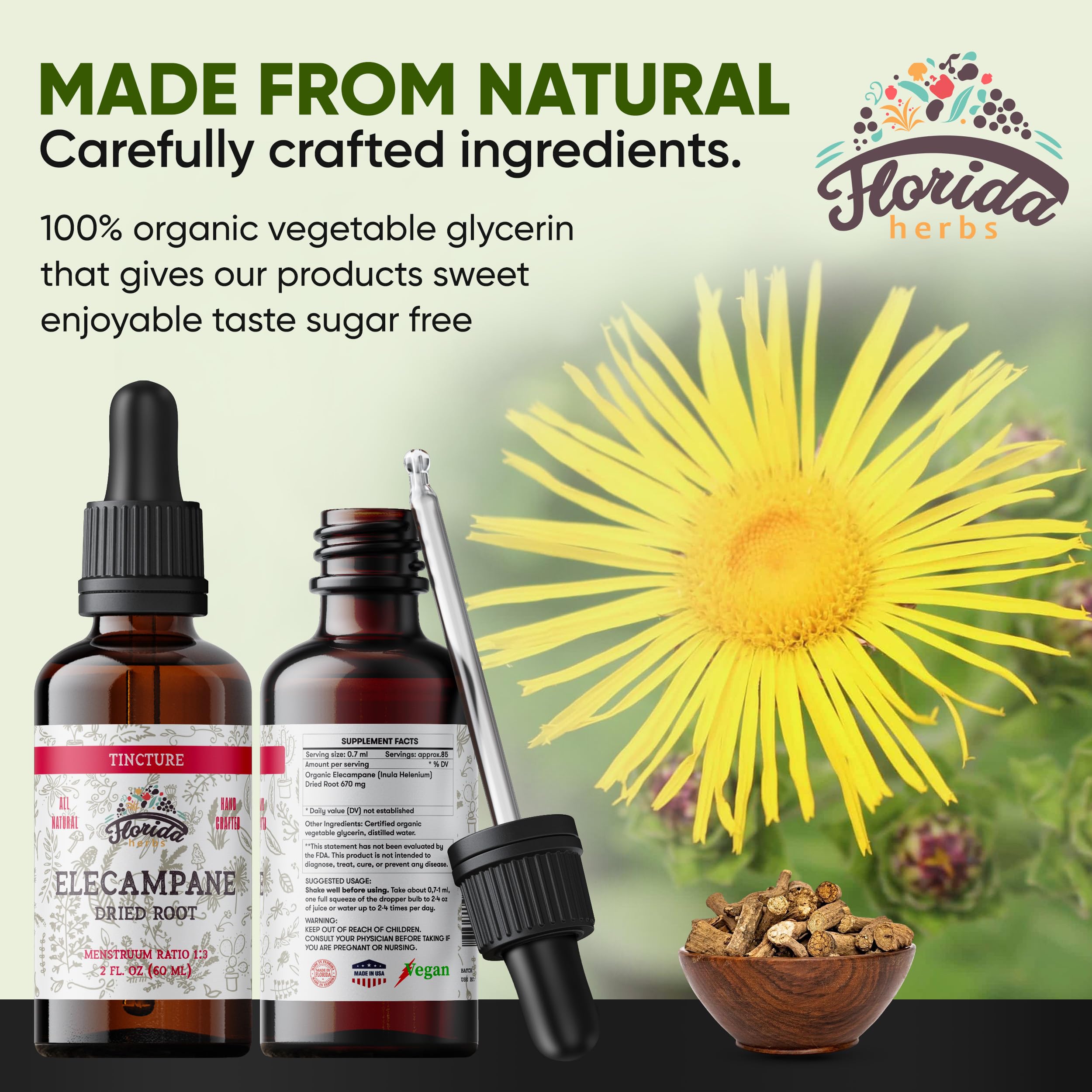 FLORIDA HERBS Elecampane Tincture Organic Elecampane Extract (Inula Helenium) Dried Root - Non-GMO 700 mg 2 oz (60 ml)