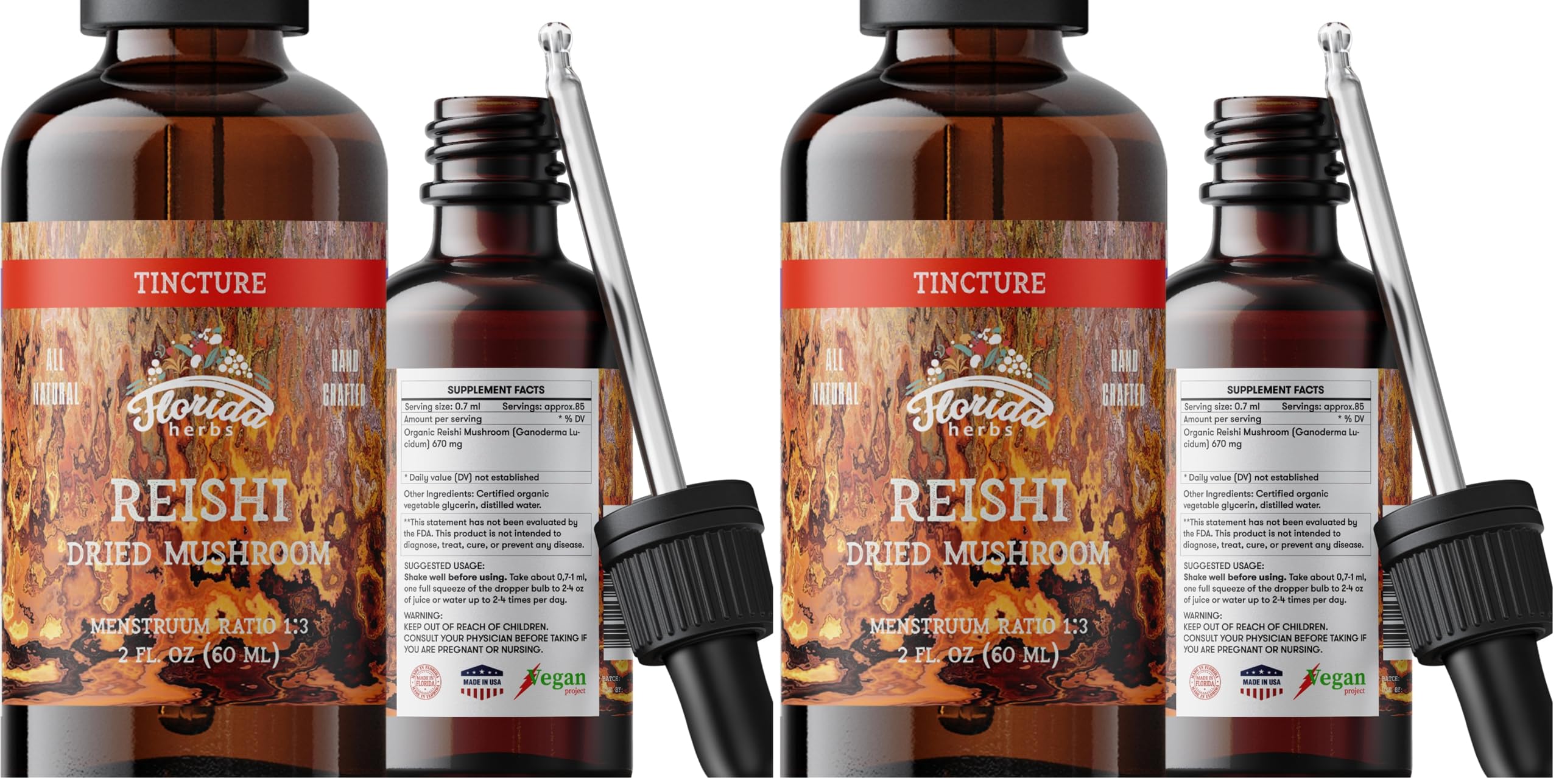 Florida Herbs Reishi Tincture - Organic Ganoderma Lucidum Extract, 2 oz (60 ml), Pack of 2