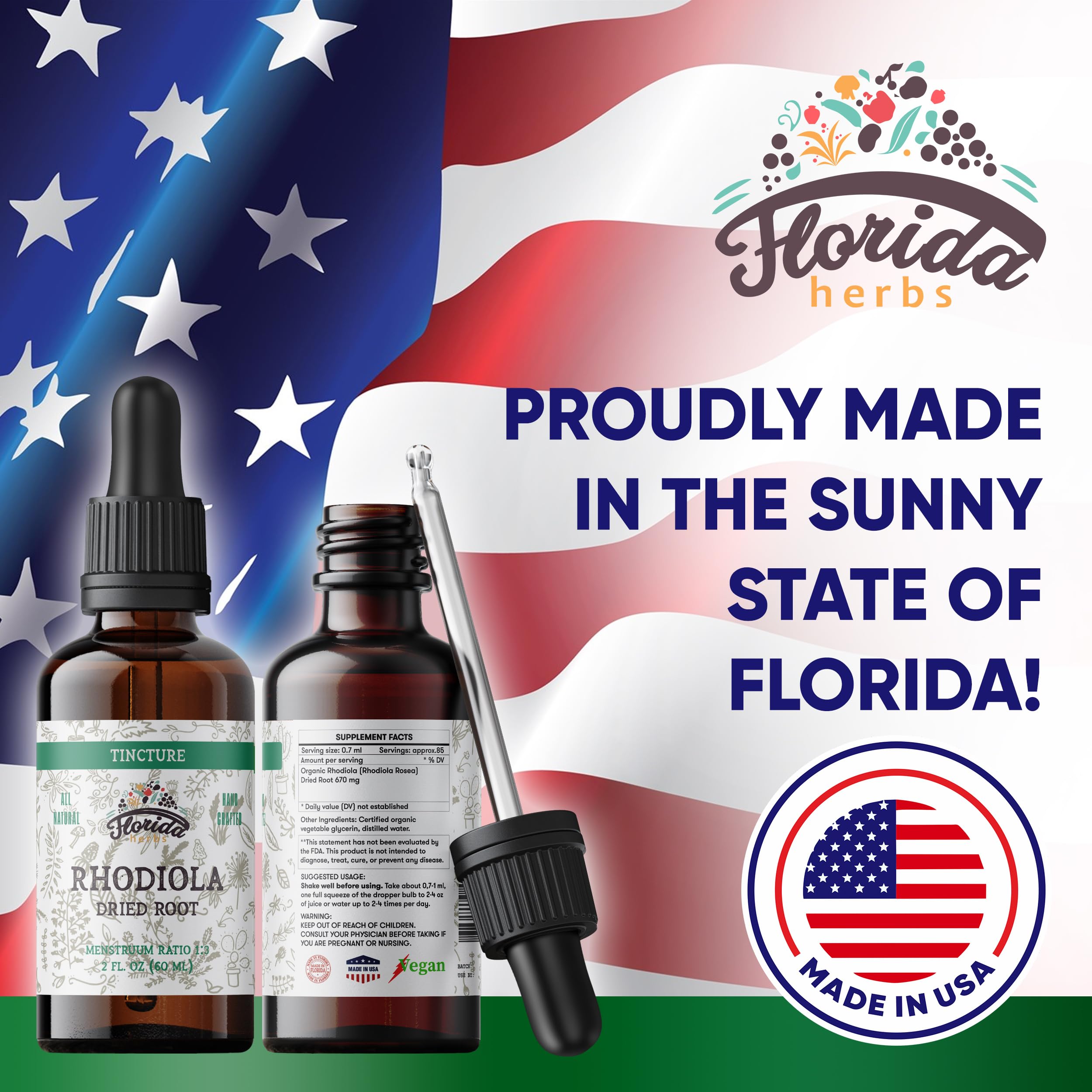 Florida Herbs Rhodiola Tincture – Organic Rhodiola Rosea Extract (2 oz, 670 mg) Non-GMO