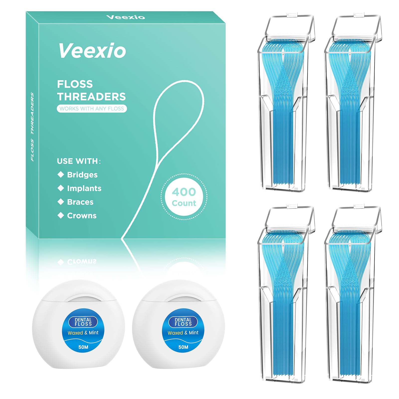 Floss Threaders 400 Count (4 Pack) + Mint Waxed Floss 50m - For Braces, Bridges, Implants & Permanent Retainers