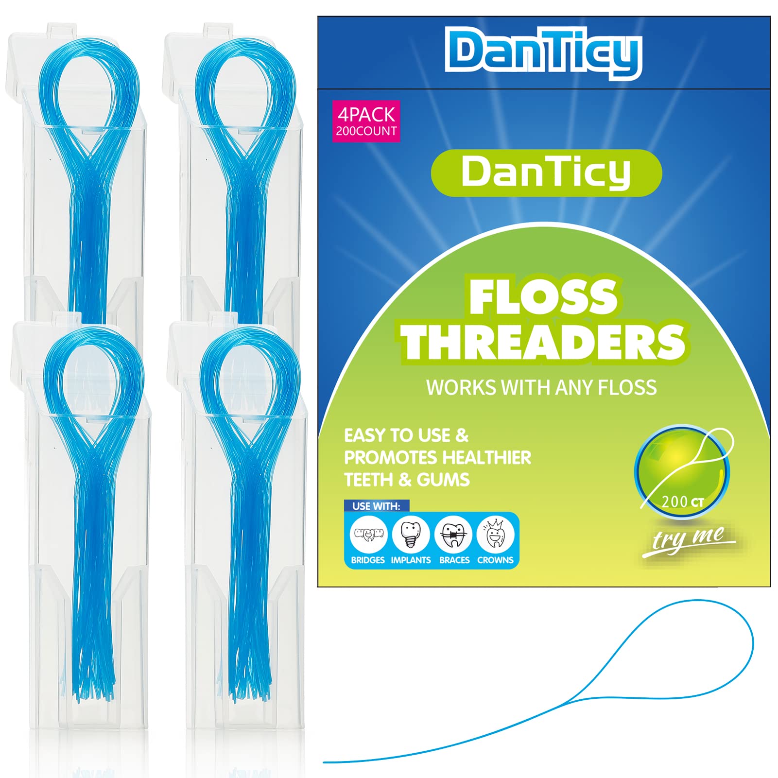Floss Threaders for Braces, Bridges & Implants – Deep Clean 200PCS (4 Pack) Blue