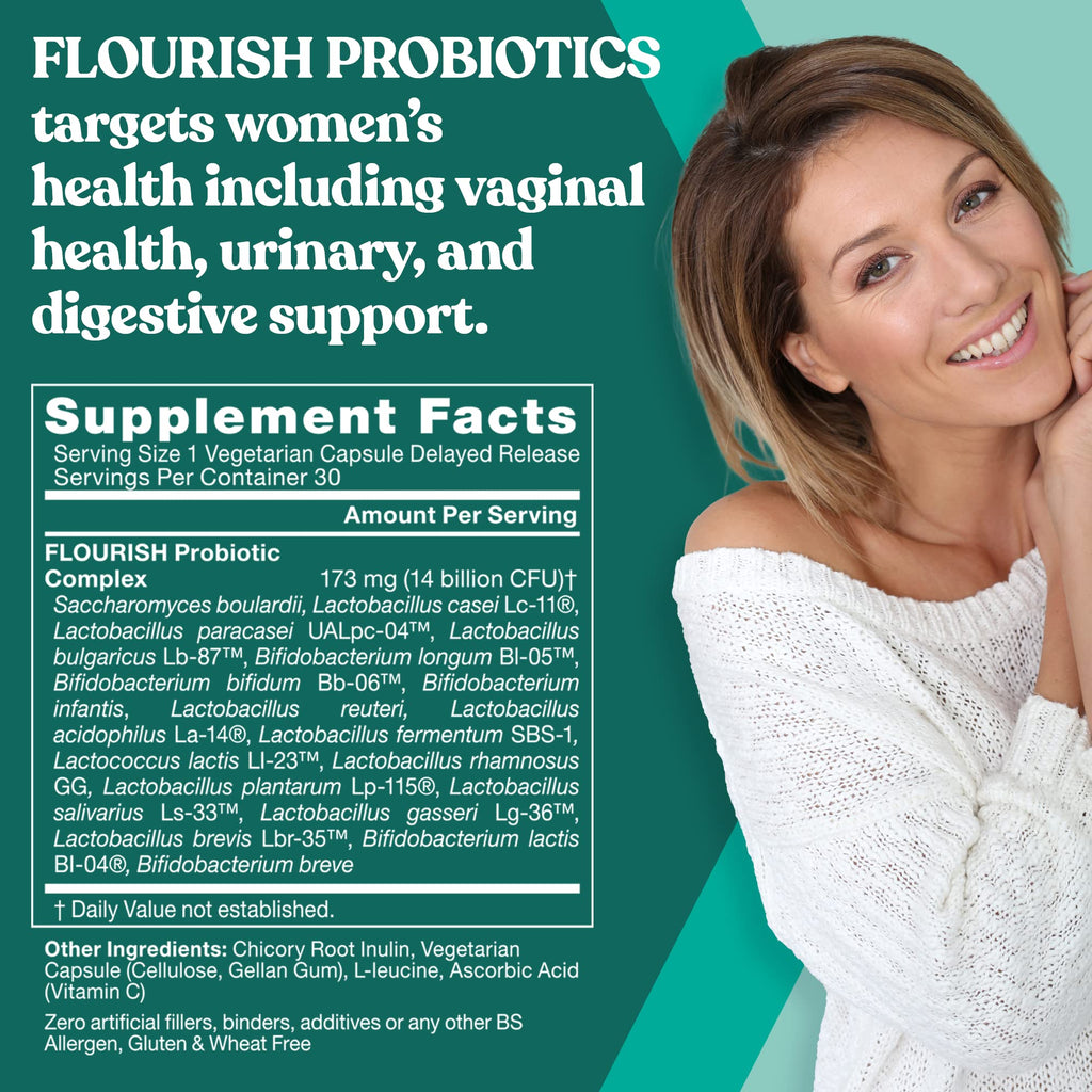 Flourish Probiotics + Prebiotics for Women – Gut & Urinary Health, Bloating Relief, Vaginal Wellness | 18 Strains, 14B CFU, 30 Mini Vegan Capsules