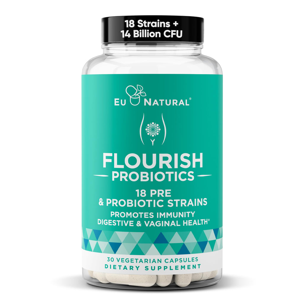 Flourish Probiotics + Prebiotics for Women – Gut & Urinary Health, Bloating Relief, Vaginal Wellness | 18 Strains, 14B CFU, 30 Mini Vegan Capsules