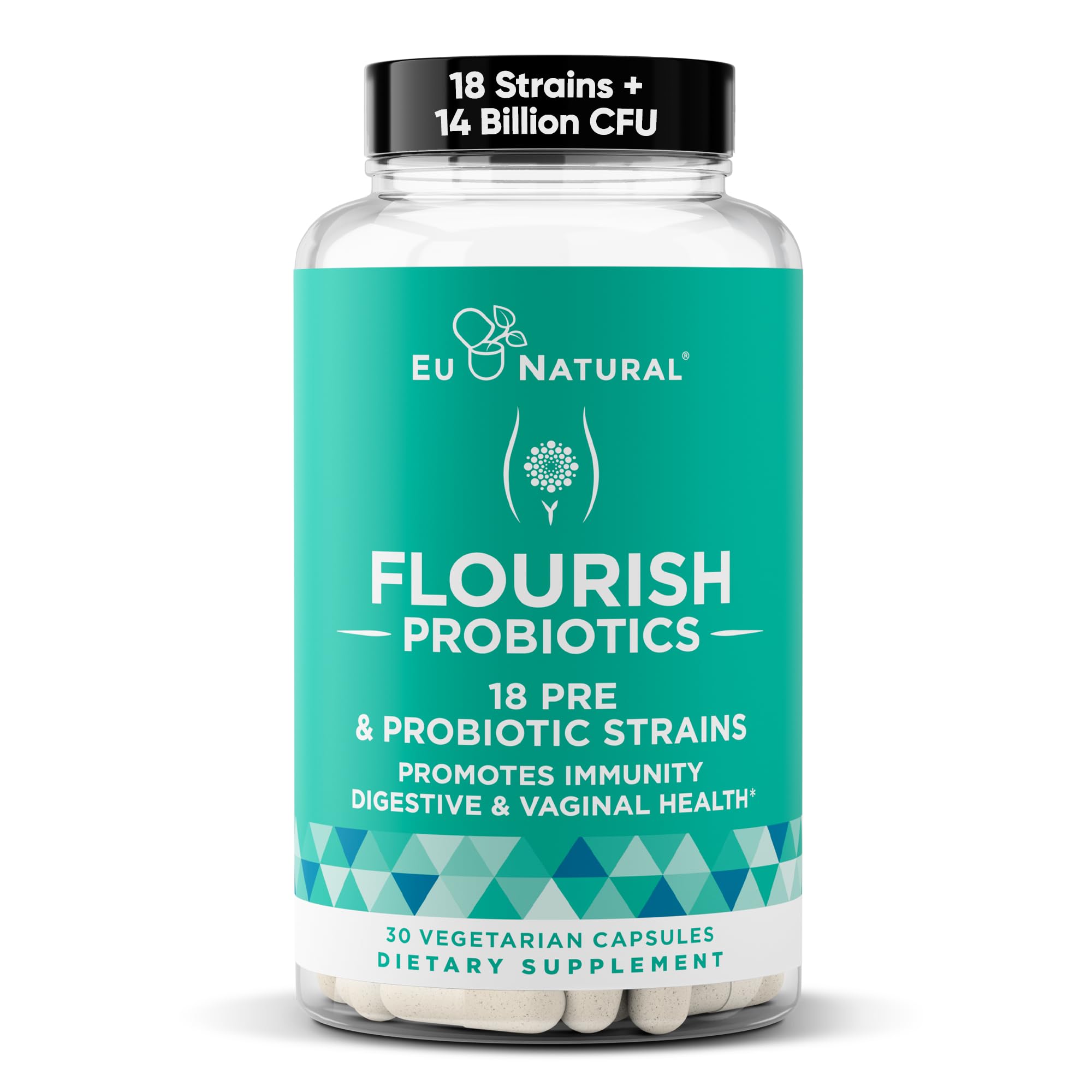 Flourish Probiotics + Prebiotics for Women – Gut & Urinary Health, Bloating Relief, Vaginal Wellness | 18 Strains, 14B CFU, 30 Mini Vegan Capsules