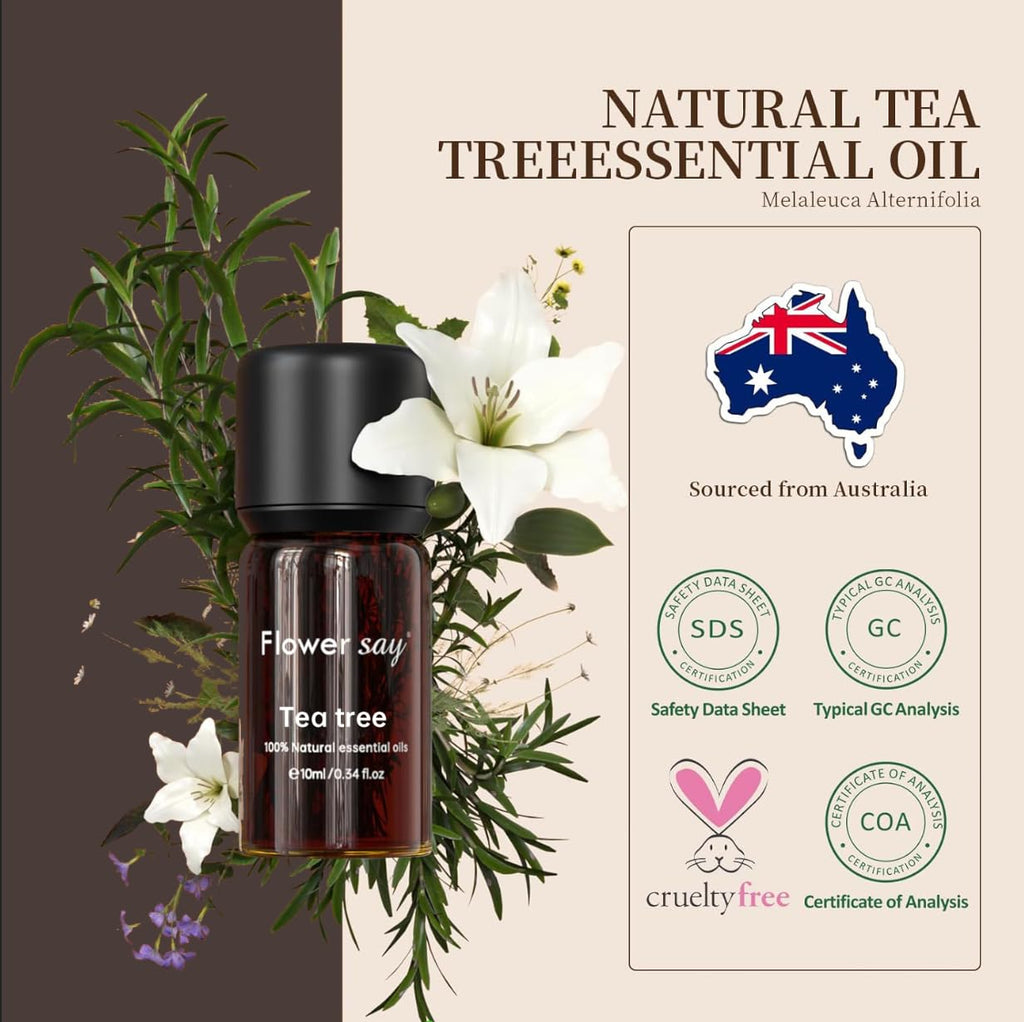 Flower Say USDA Organic Tea Tree Oil 10ml – 100% Pure Australian Tea Tree Essential Oil for Skin, Nails, Scalp, Diffuser