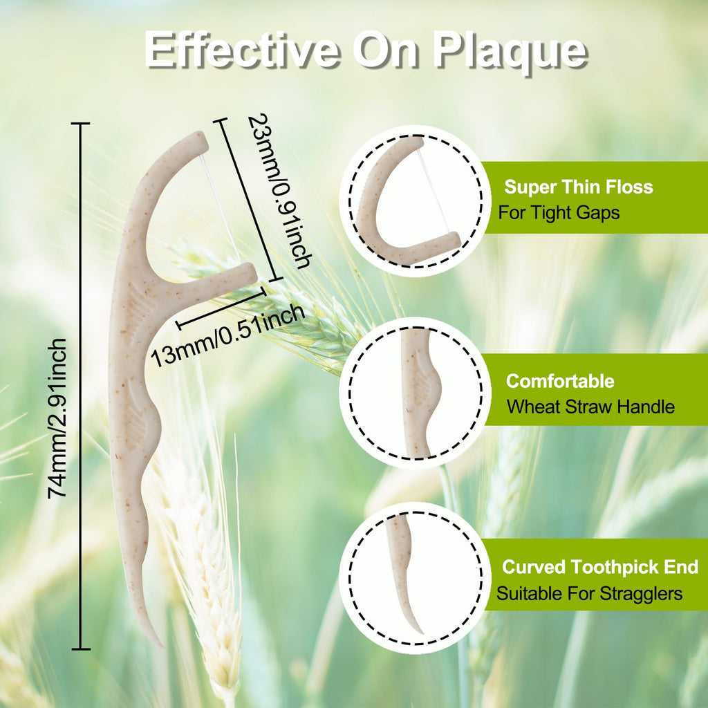 Wheat Straw Biodegradable Dental Floss Picks - 200 Count with 4 Travel Cases | Eco-Friendly Oral Care